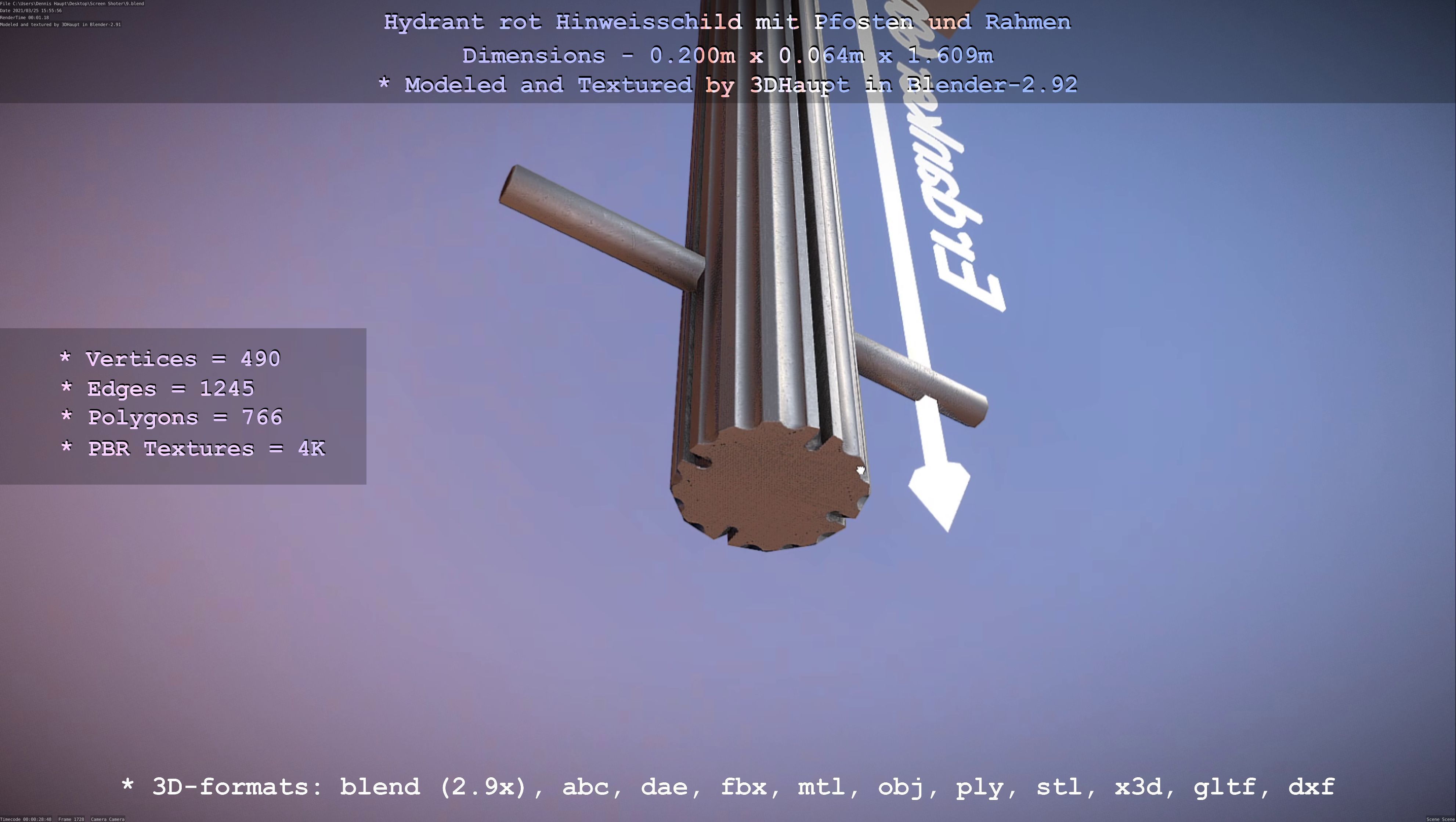 Hinweisschild Hydrant Rot mit Pfosten und Rahmen Low-poly 3D model_37