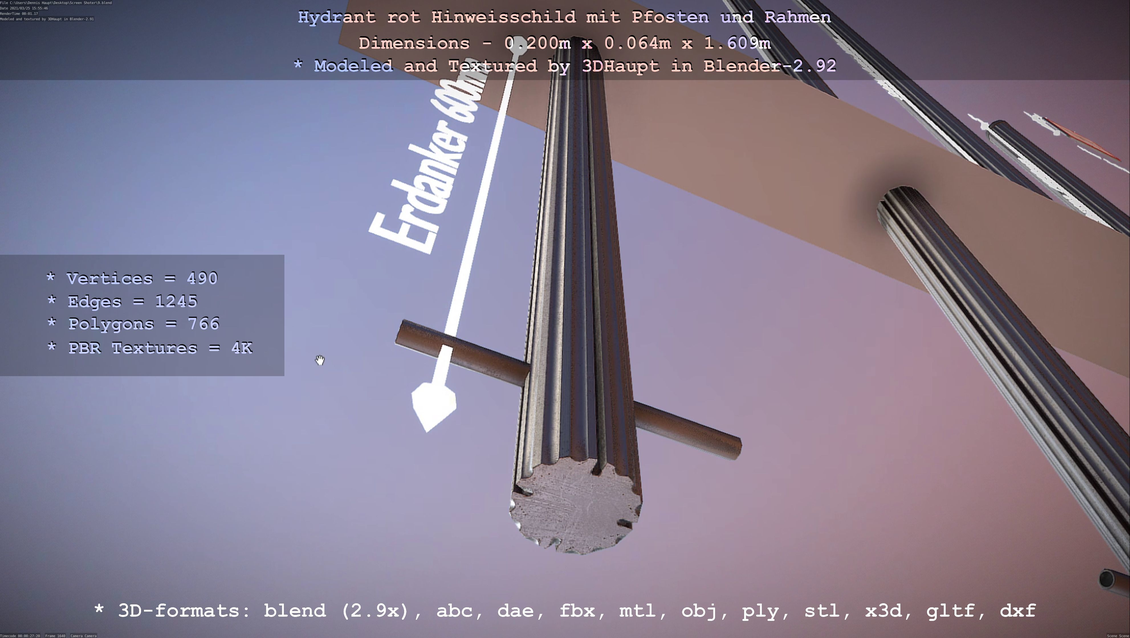 Hinweisschild Hydrant Rot mit Pfosten und Rahmen Low-poly 3D model_6