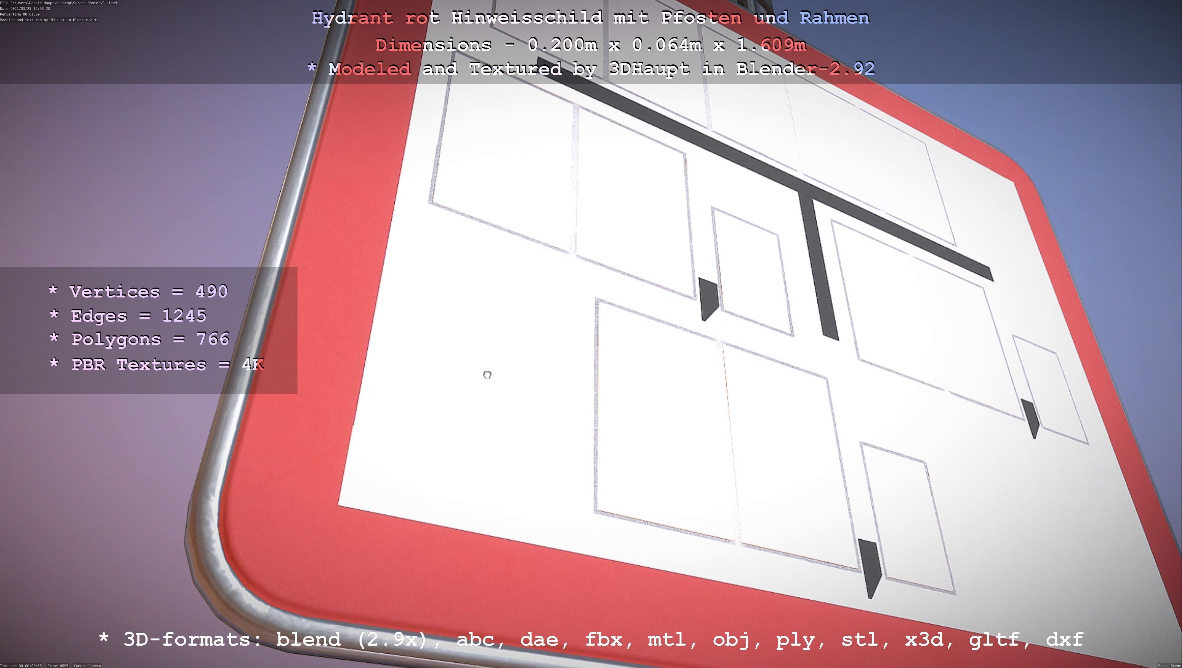 Hinweisschild Hydrant Rot mit Pfosten und Rahmen Low-poly 3D model_87