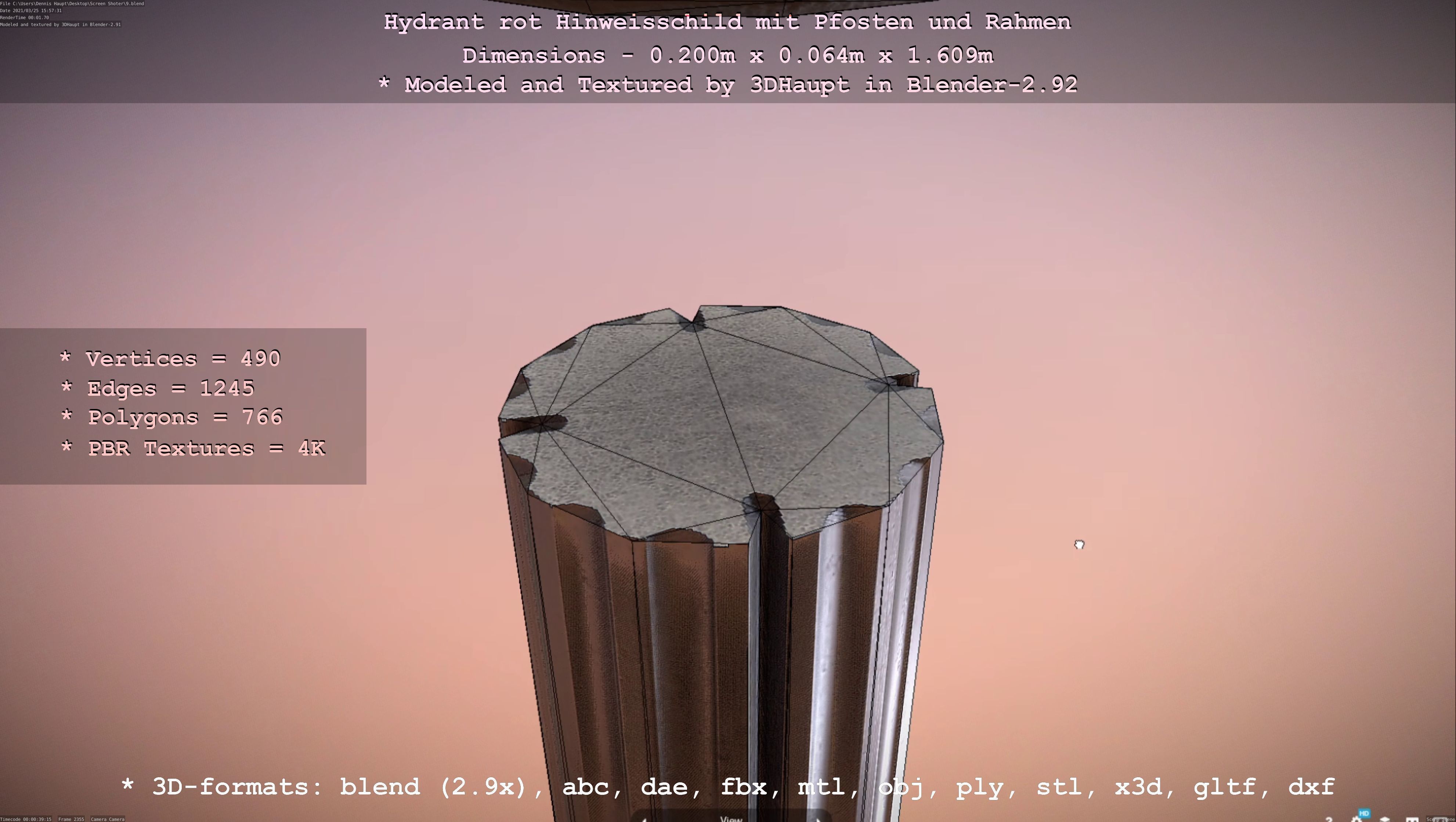 Hinweisschild Hydrant Rot mit Pfosten und Rahmen Low-poly 3D model_64