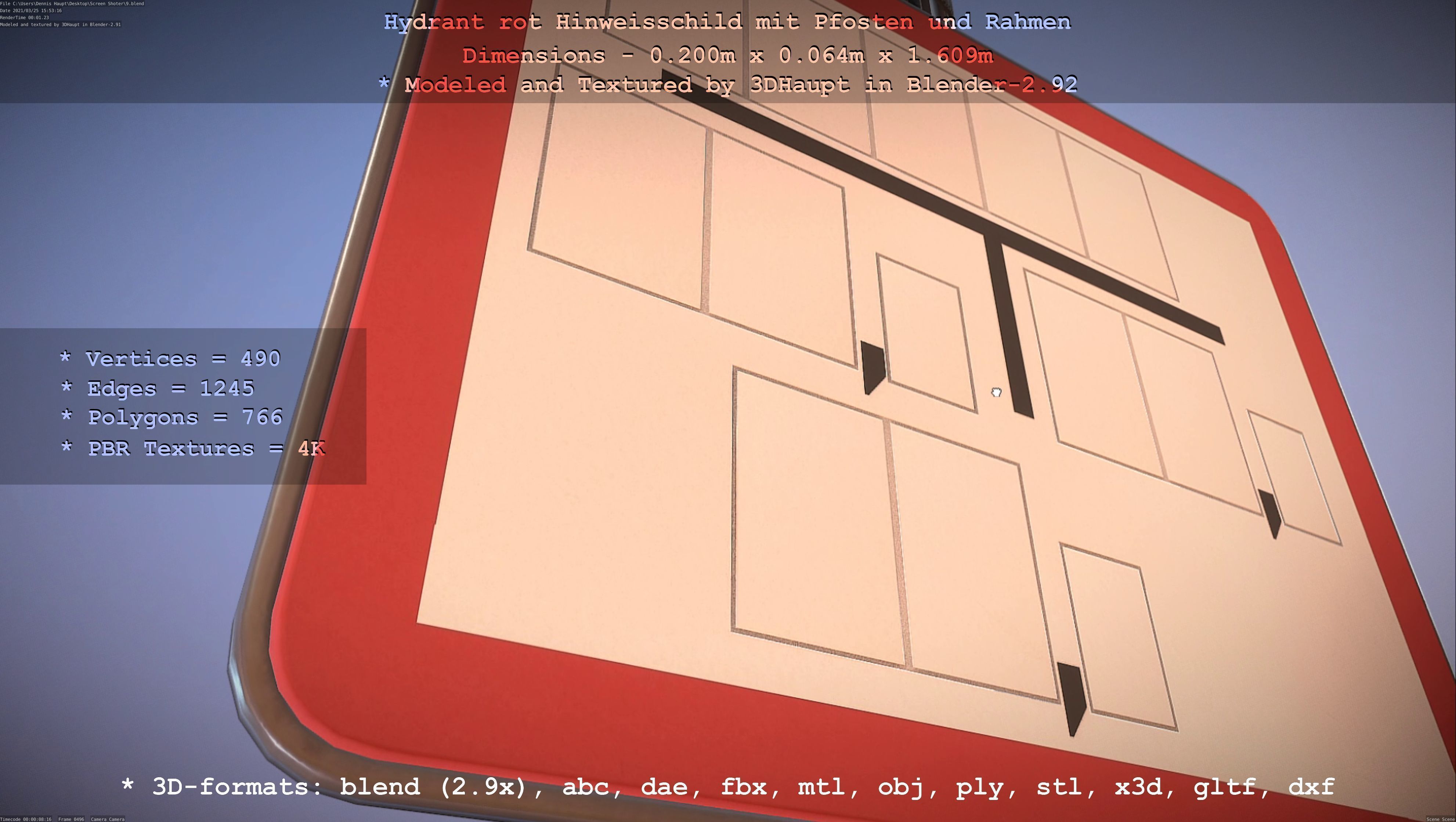 Hinweisschild Hydrant Rot mit Pfosten und Rahmen Low-poly 3D model_99