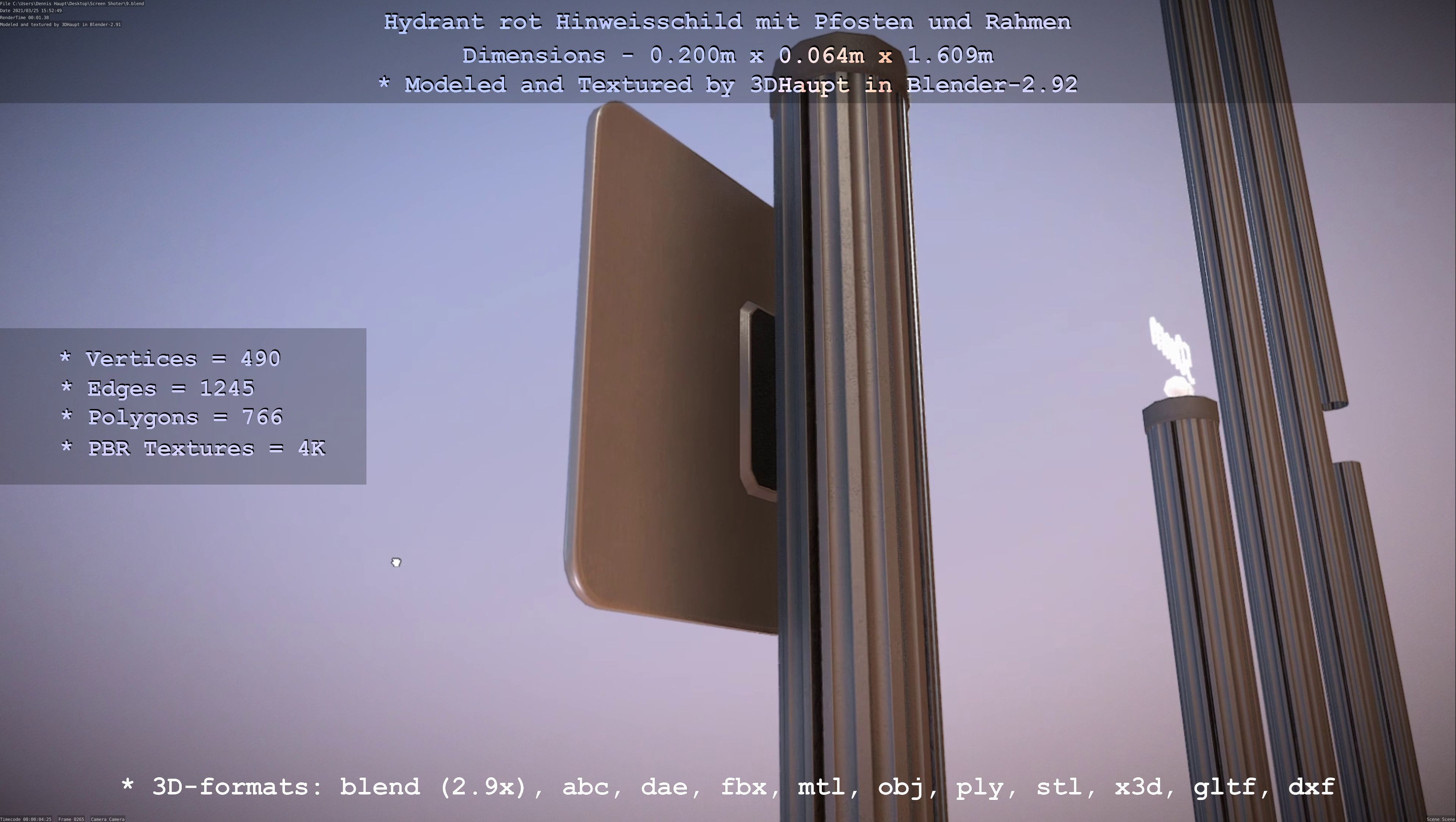 Hinweisschild Hydrant Rot mit Pfosten und Rahmen Low-poly 3D model_129