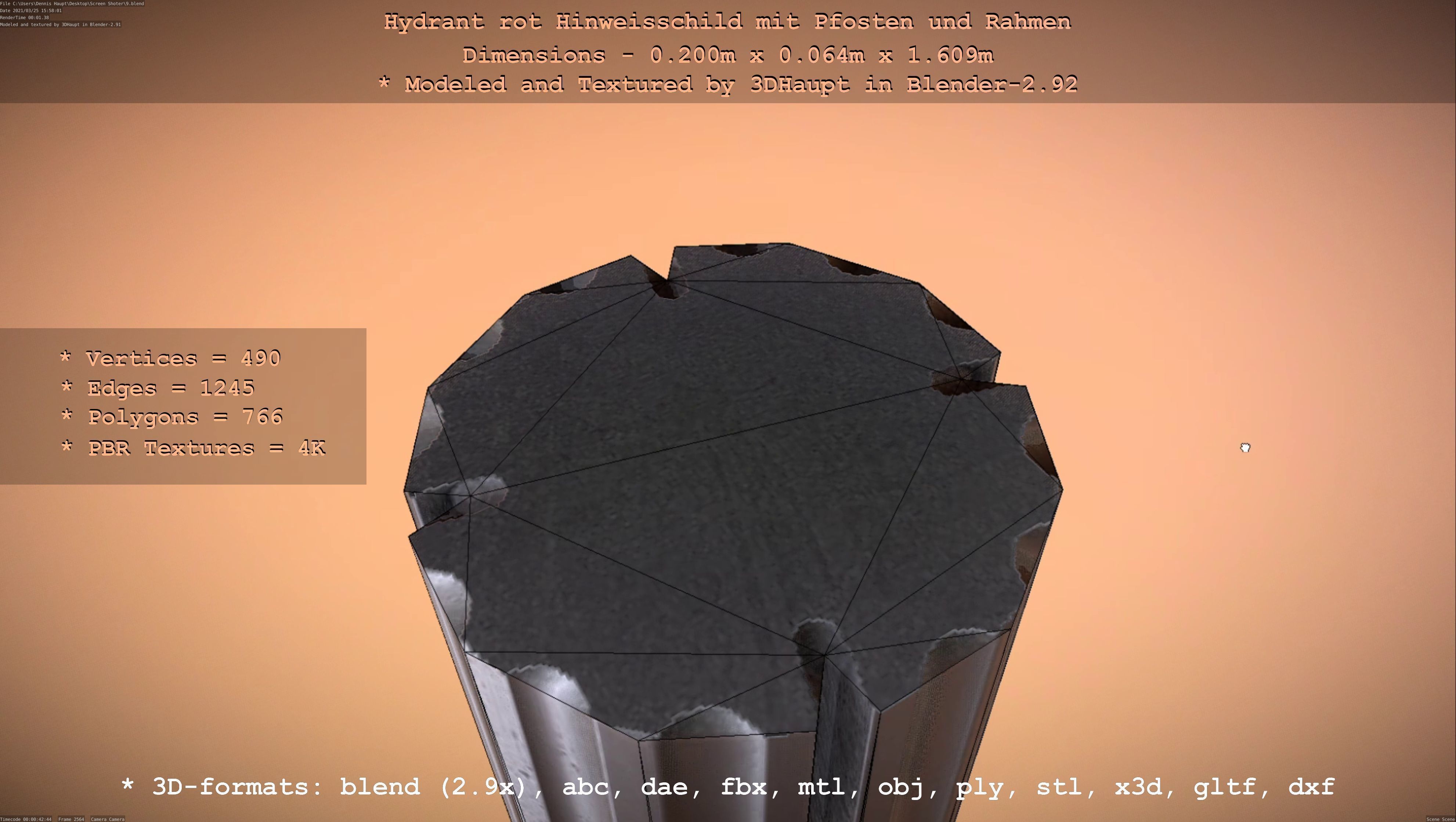 Hinweisschild Hydrant Rot mit Pfosten und Rahmen Low-poly 3D model_17