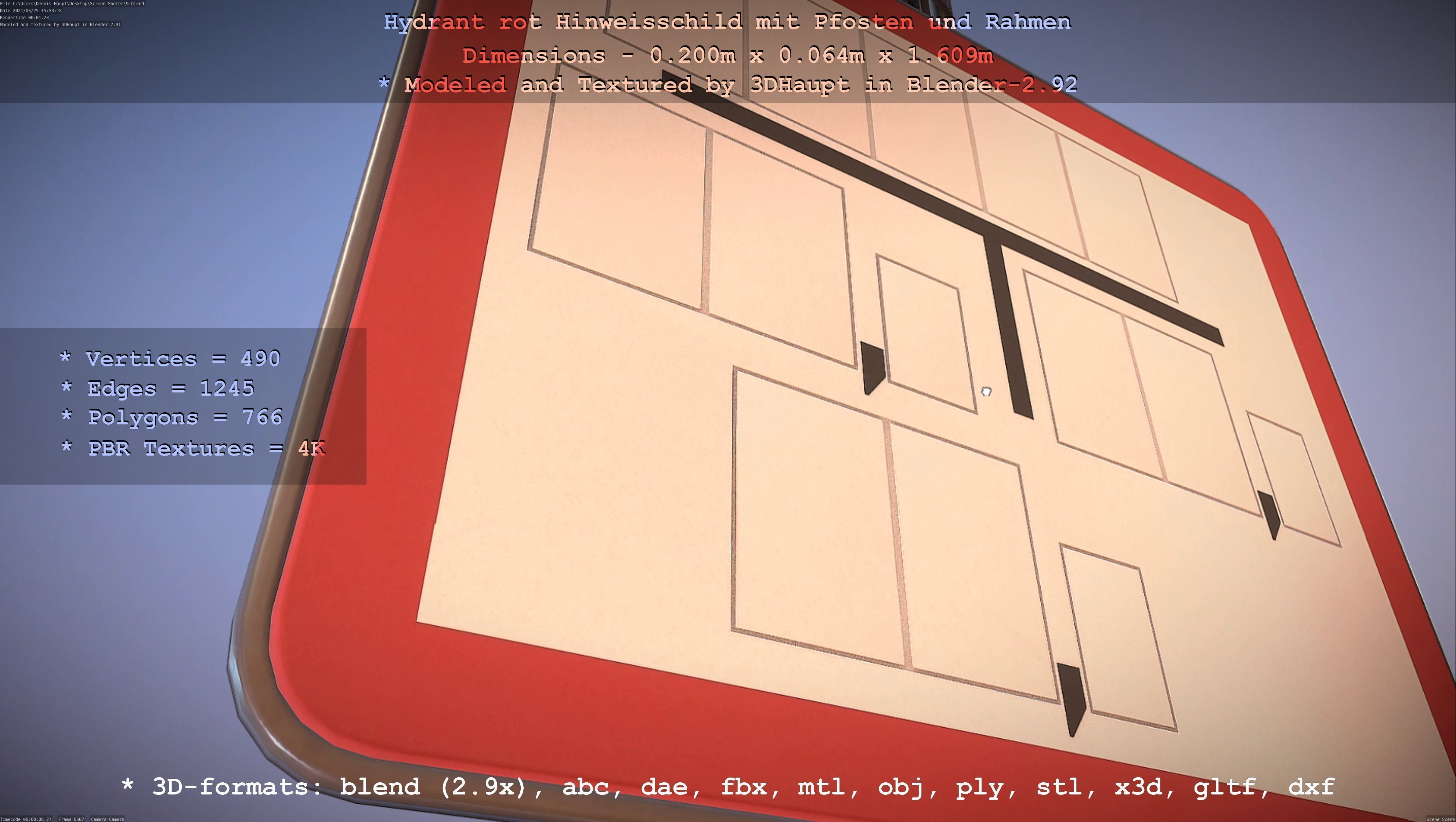 Hinweisschild Hydrant Rot mit Pfosten und Rahmen Low-poly 3D model_89