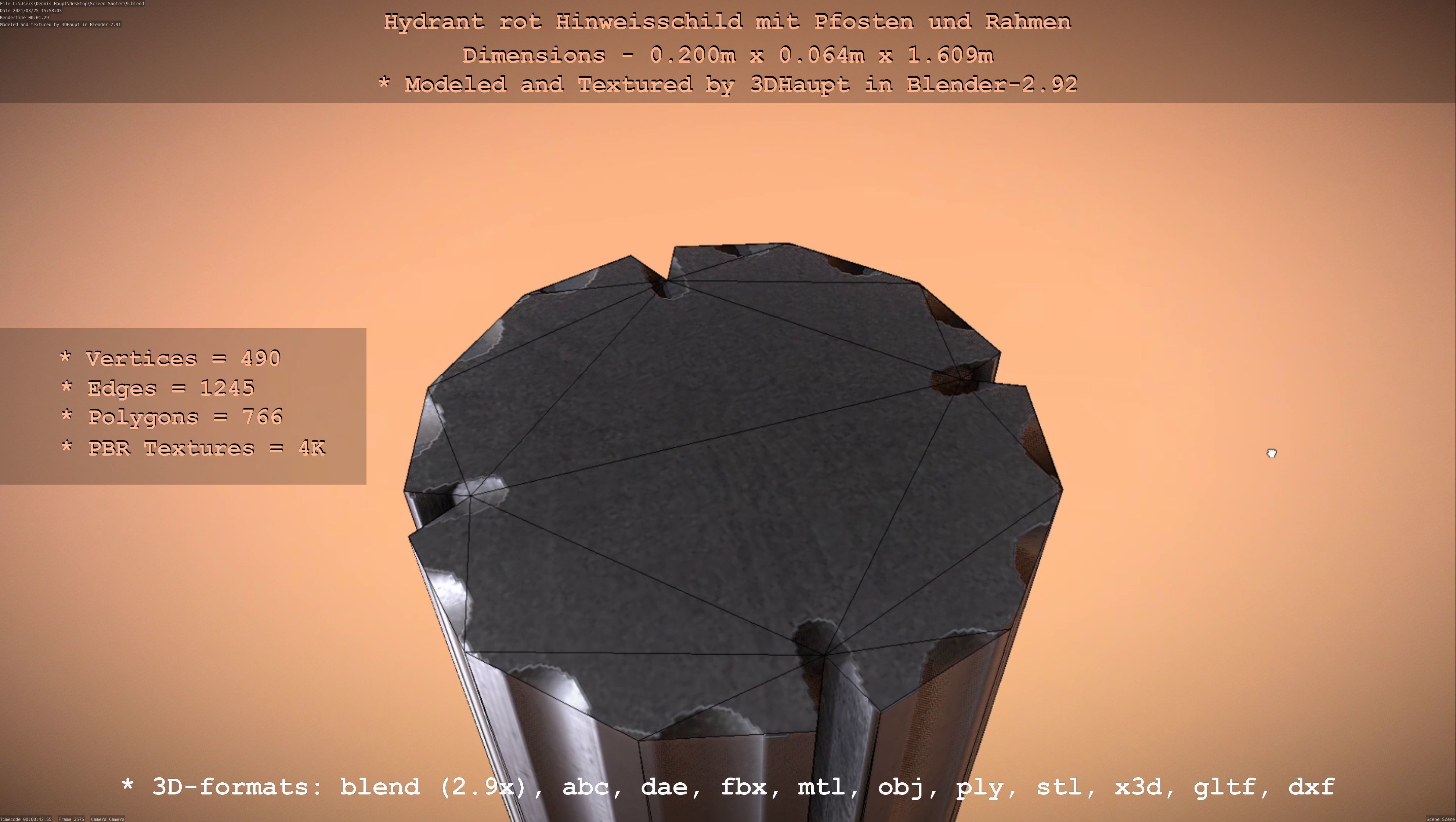 Hinweisschild Hydrant Rot mit Pfosten und Rahmen Low-poly 3D model_77