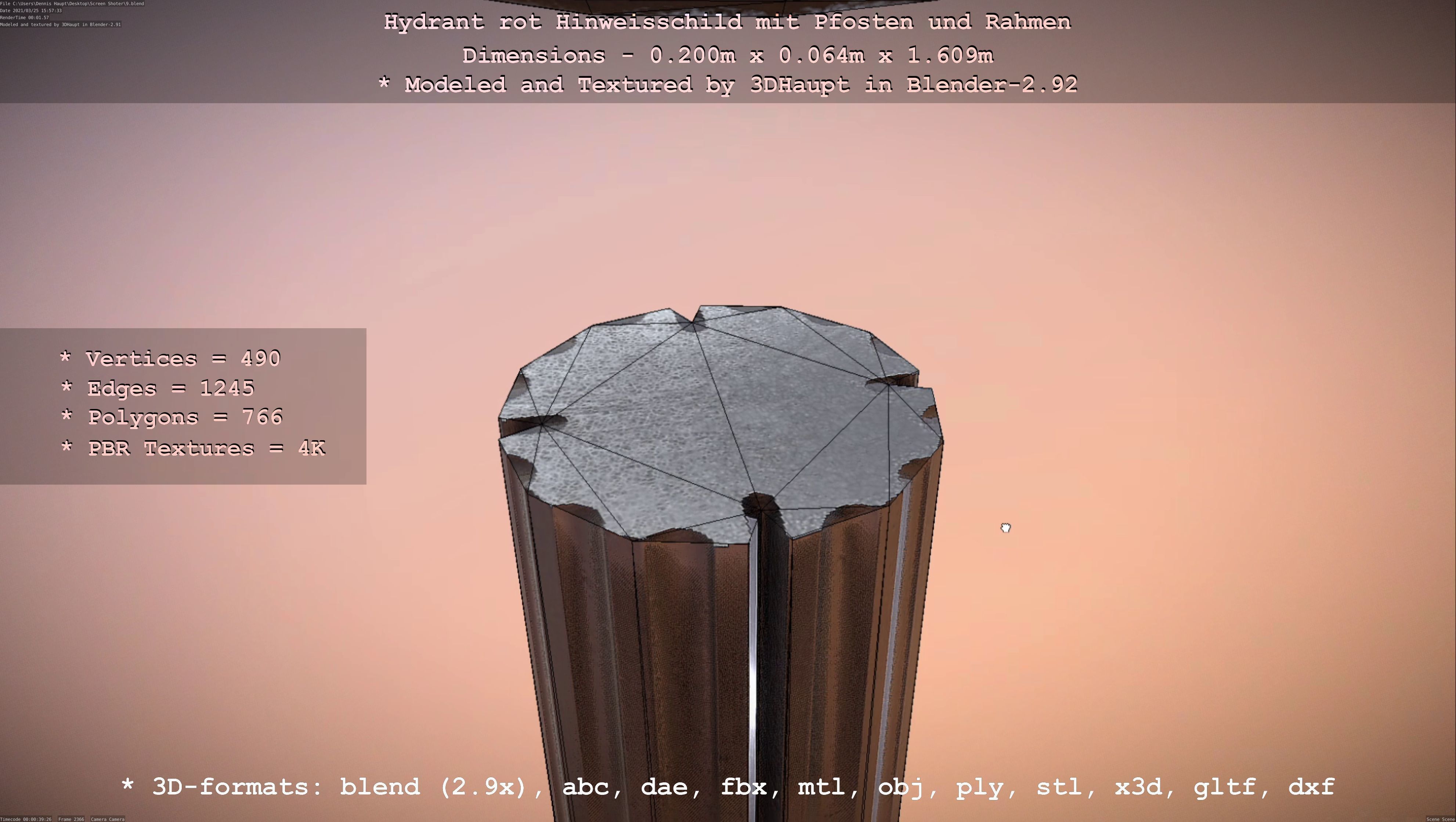 Hinweisschild Hydrant Rot mit Pfosten und Rahmen Low-poly 3D model_68