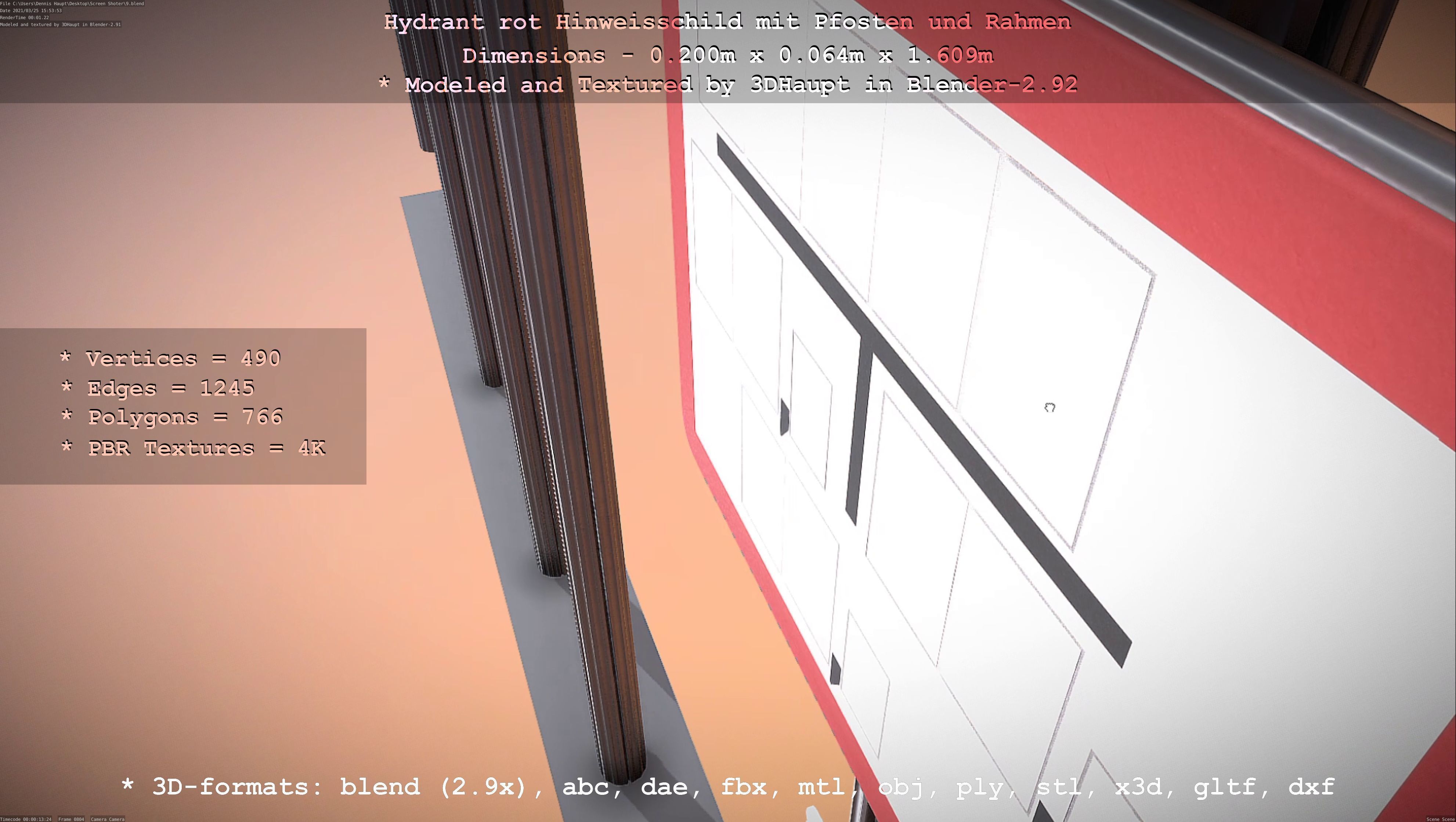 Hinweisschild Hydrant Rot mit Pfosten und Rahmen Low-poly 3D model_111