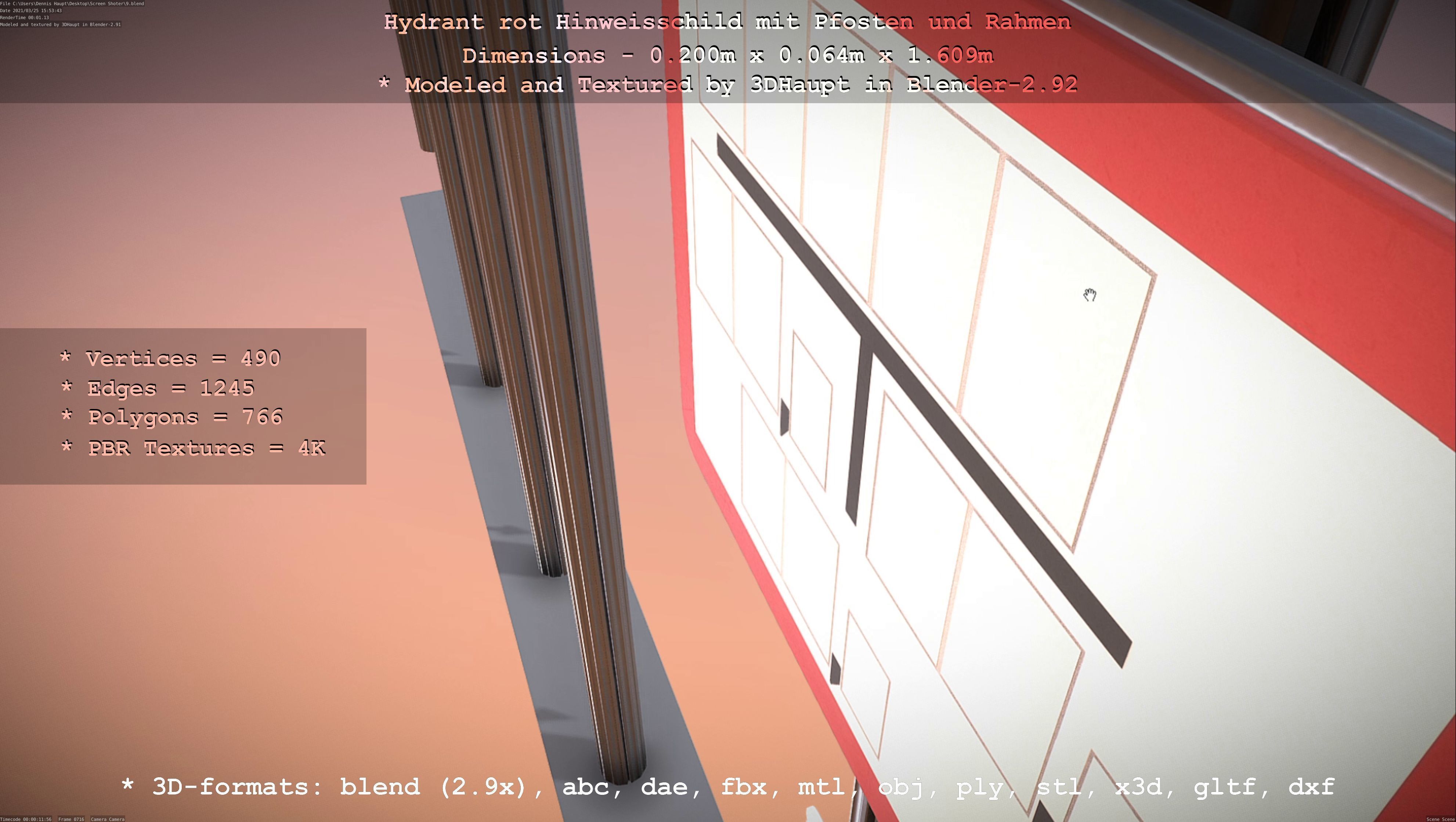 Hinweisschild Hydrant Rot mit Pfosten und Rahmen Low-poly 3D model_24