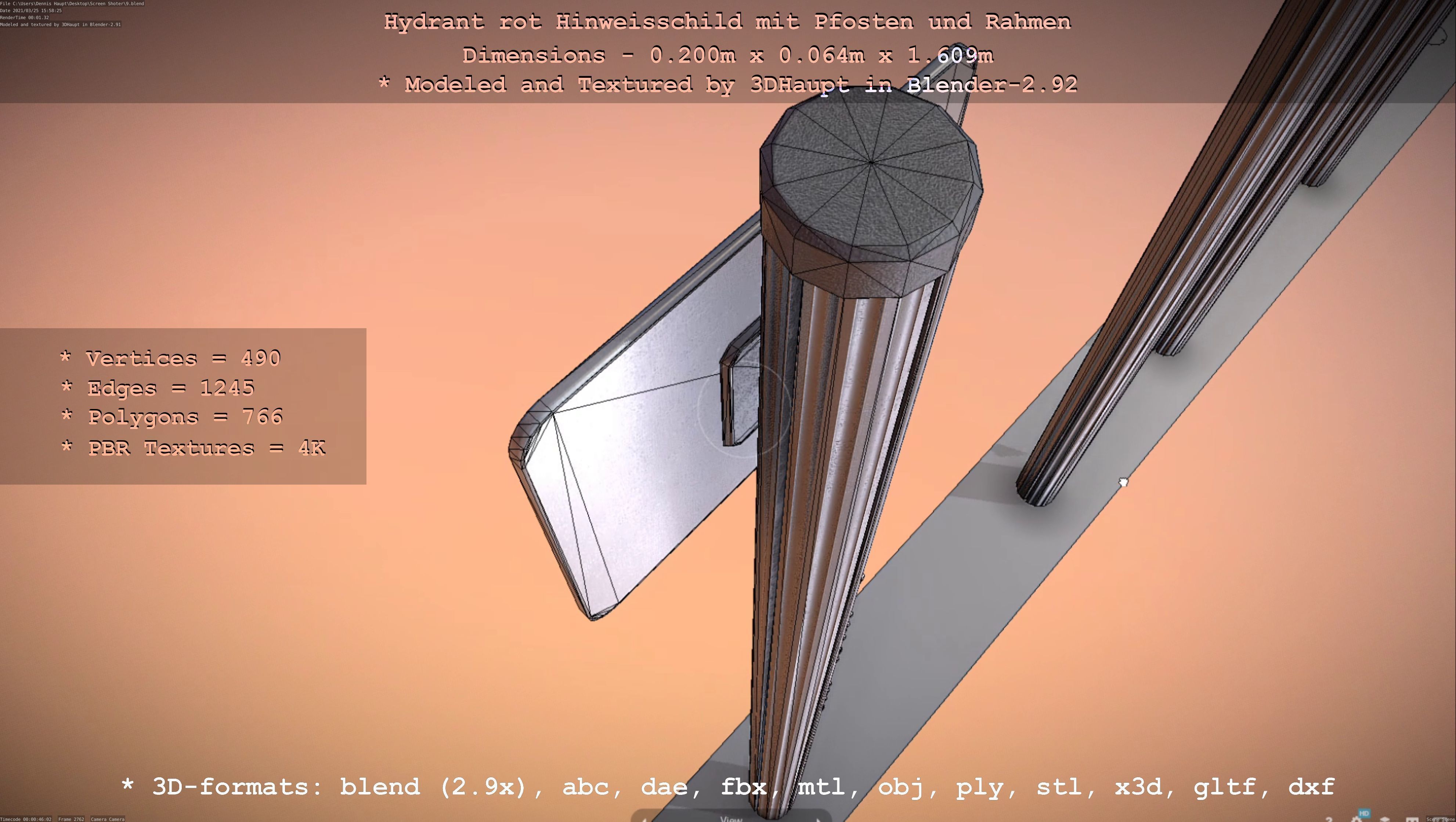 Hinweisschild Hydrant Rot mit Pfosten und Rahmen Low-poly 3D model_79