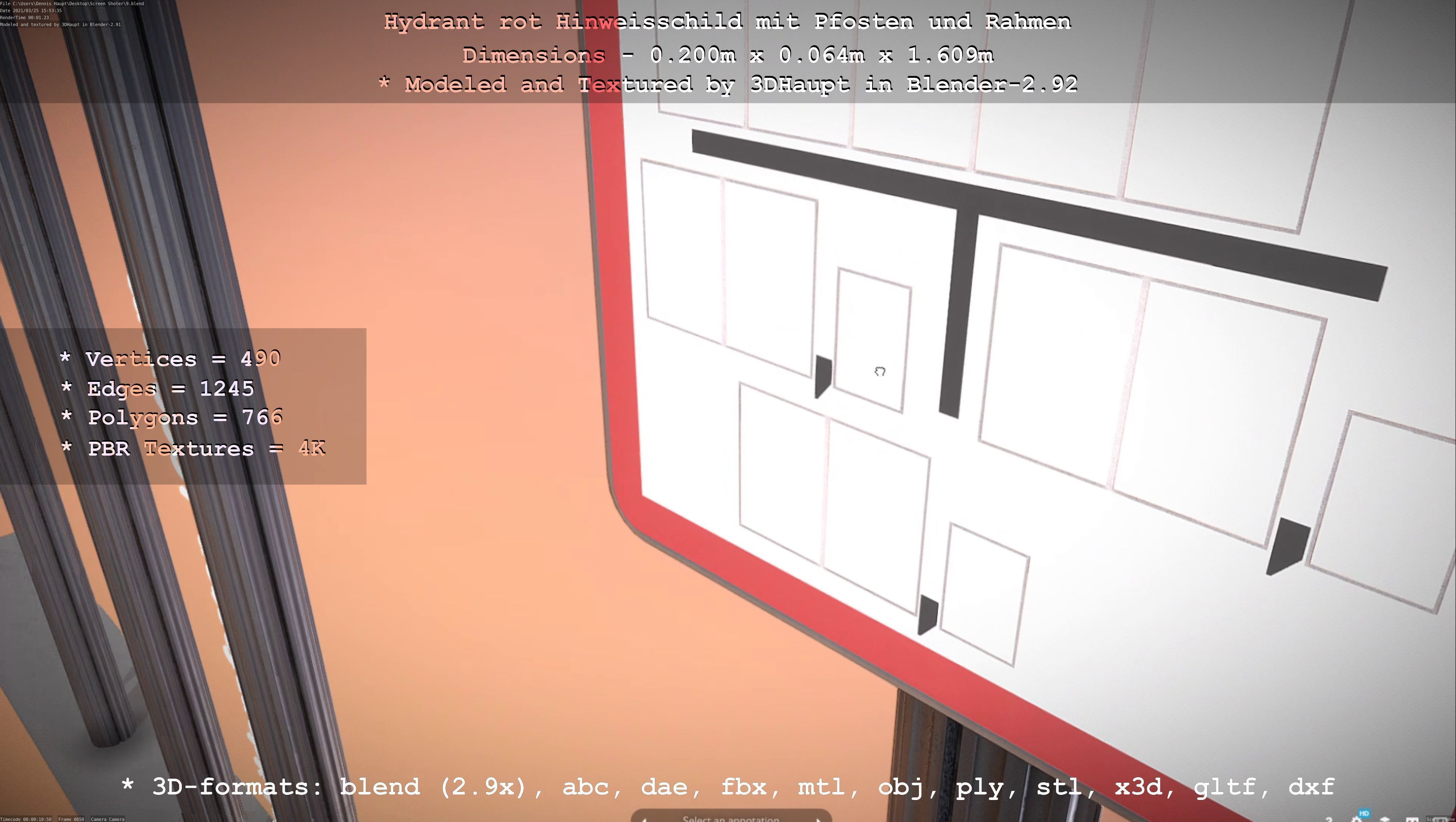 Hinweisschild Hydrant Rot mit Pfosten und Rahmen Low-poly 3D model_13