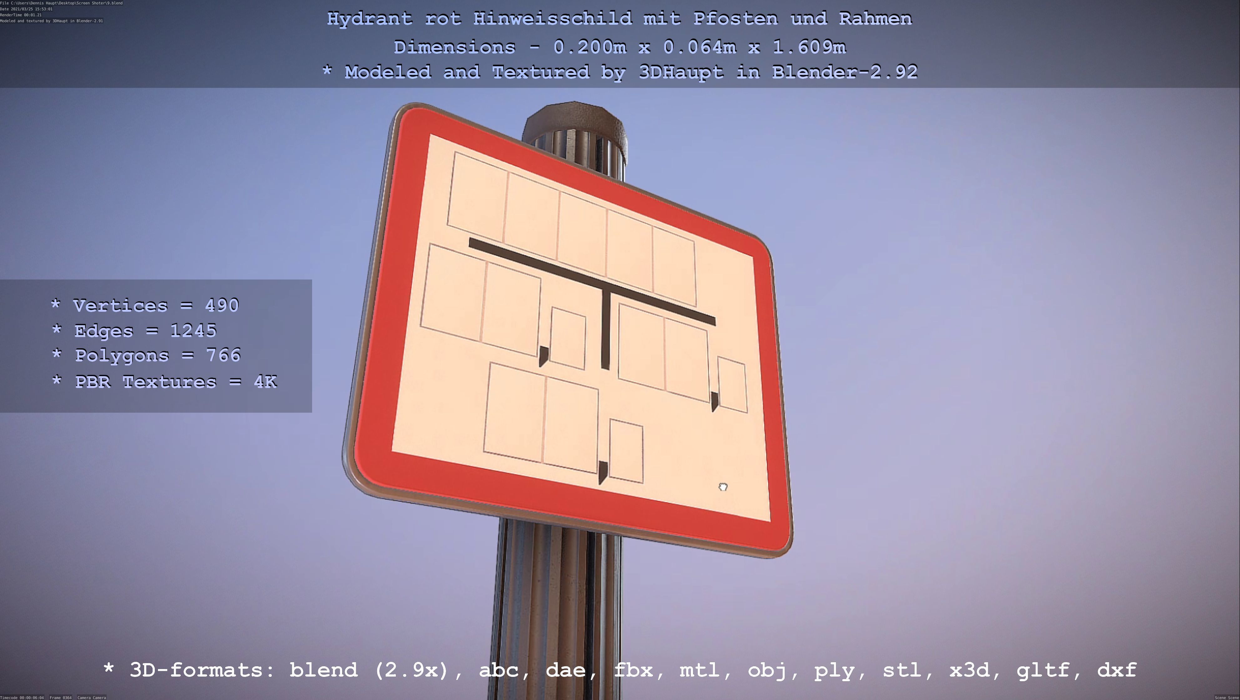 Hinweisschild Hydrant Rot mit Pfosten und Rahmen Low-poly 3D model_125