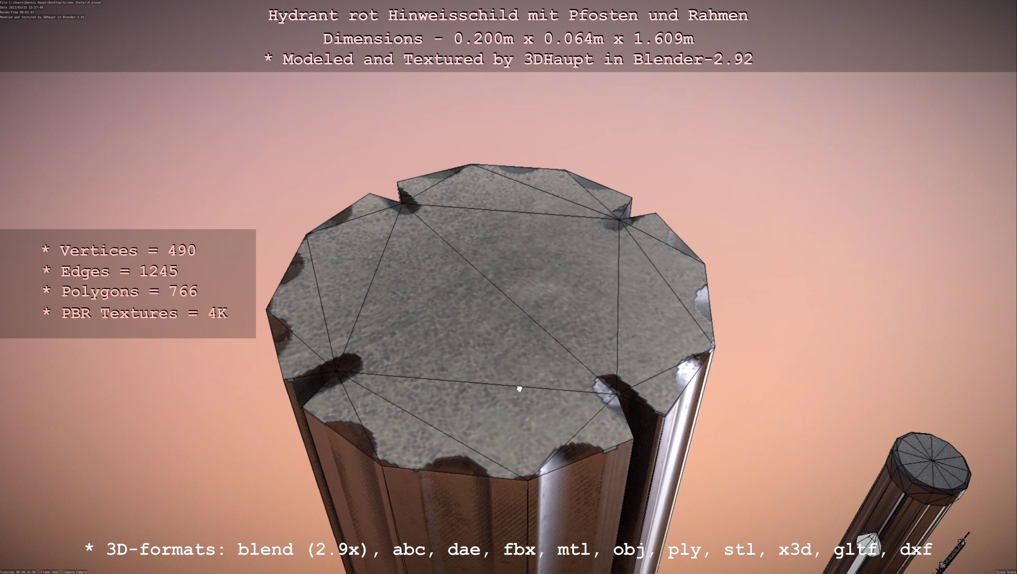 Hinweisschild Hydrant Rot mit Pfosten und Rahmen Low-poly 3D model_66