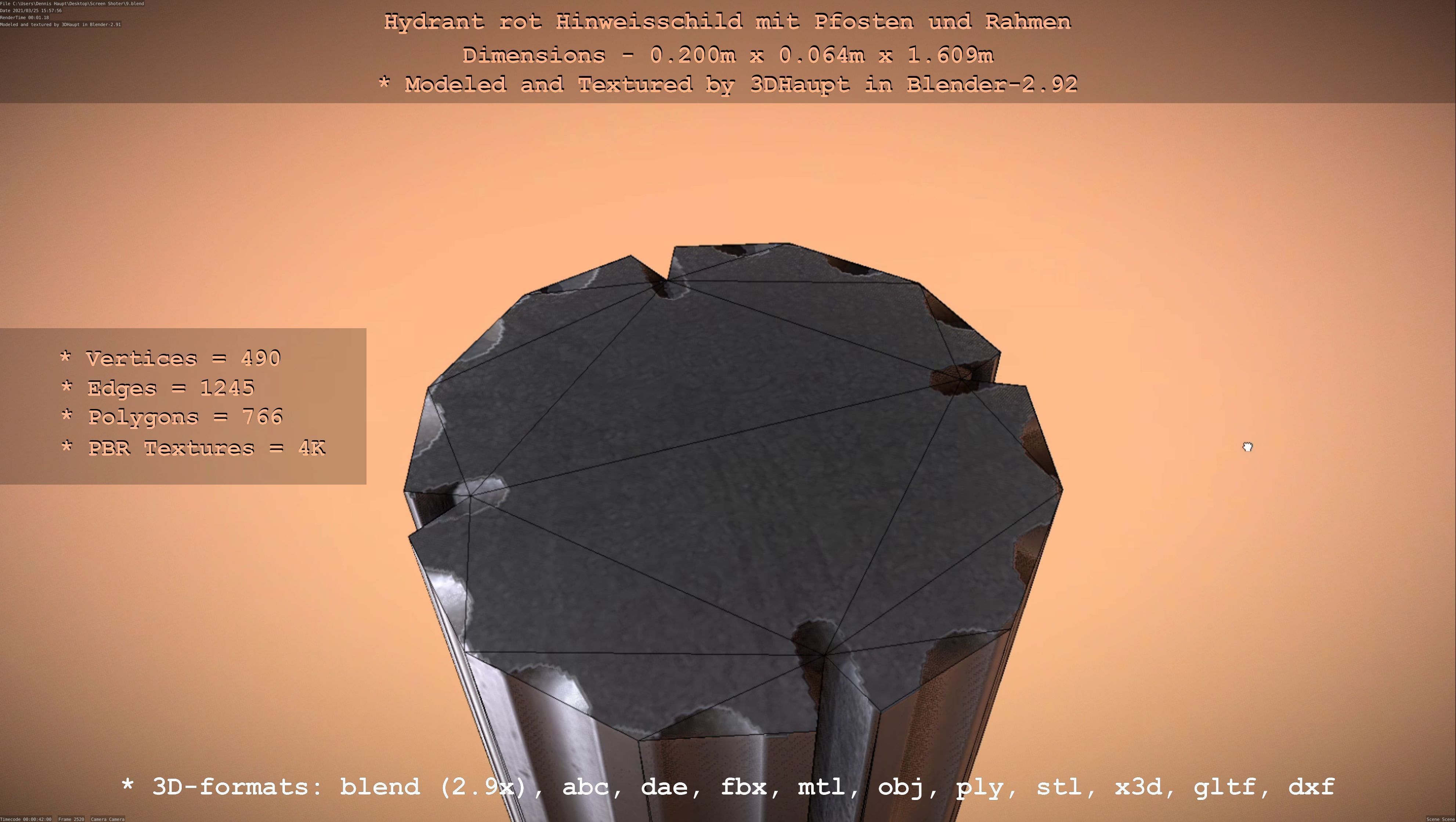 Hinweisschild Hydrant Rot mit Pfosten und Rahmen Low-poly 3D model_73