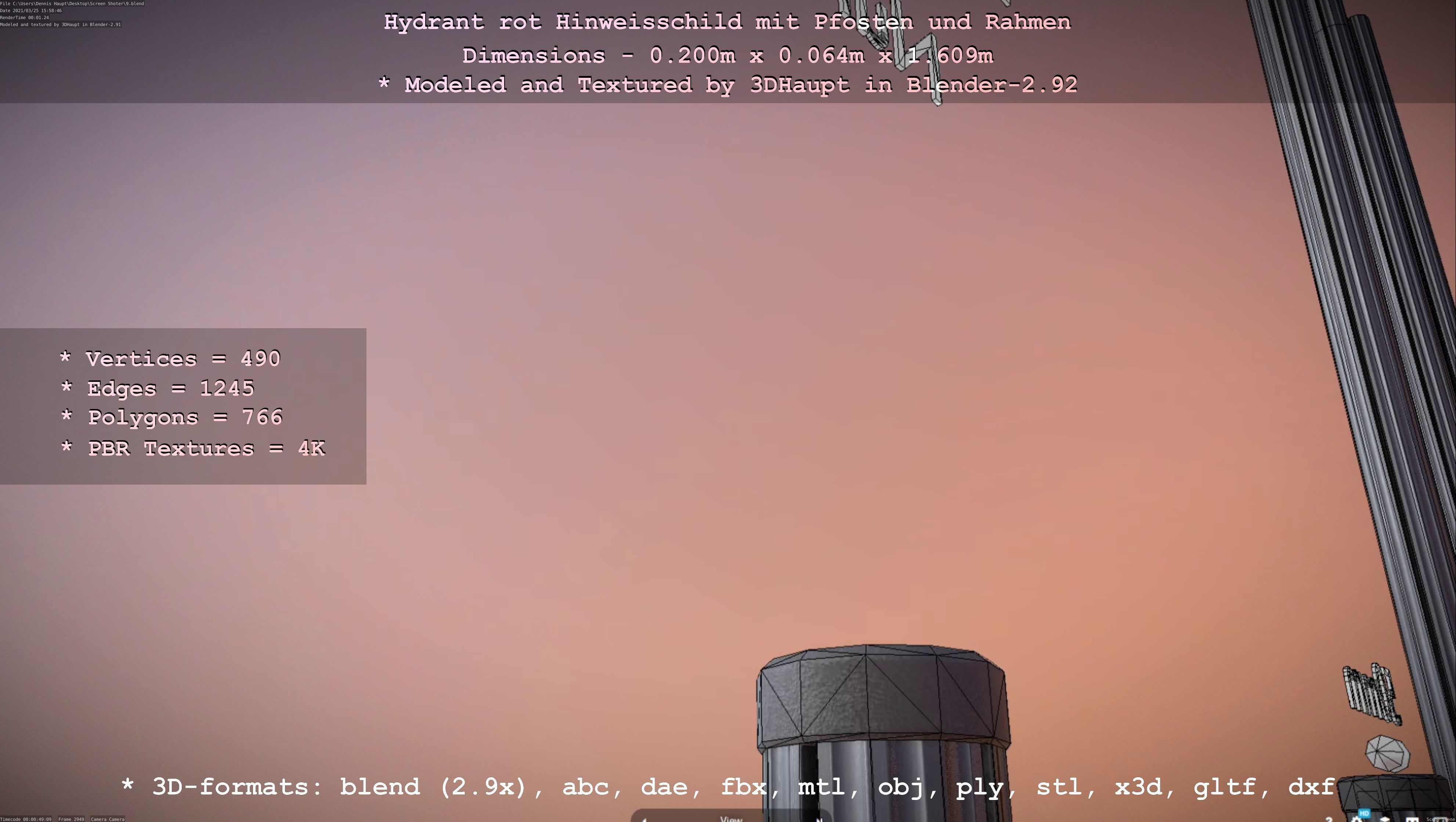 Hinweisschild Hydrant Rot mit Pfosten und Rahmen Low-poly 3D model_101