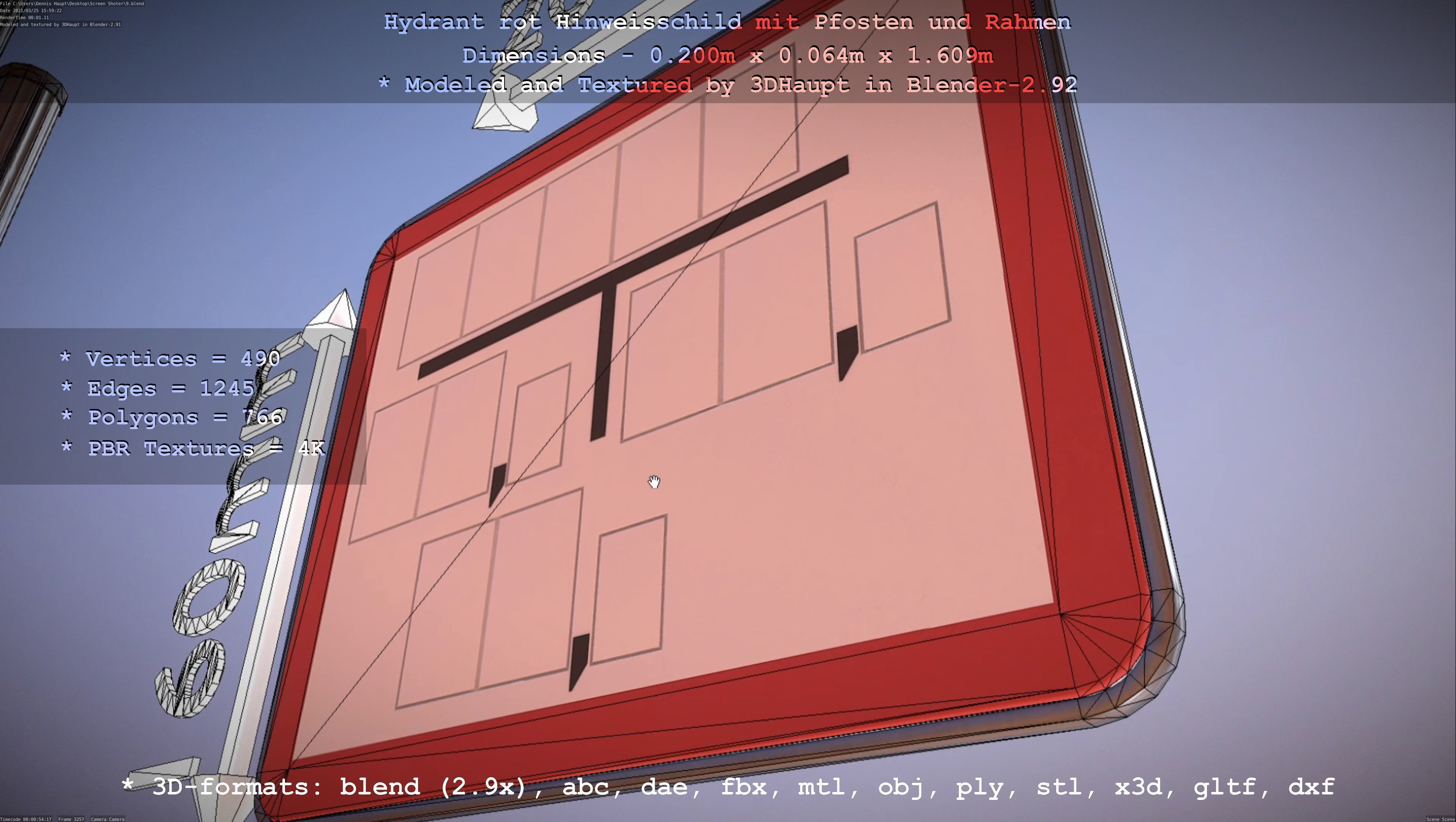 Hinweisschild Hydrant Rot mit Pfosten und Rahmen Low-poly 3D model_19