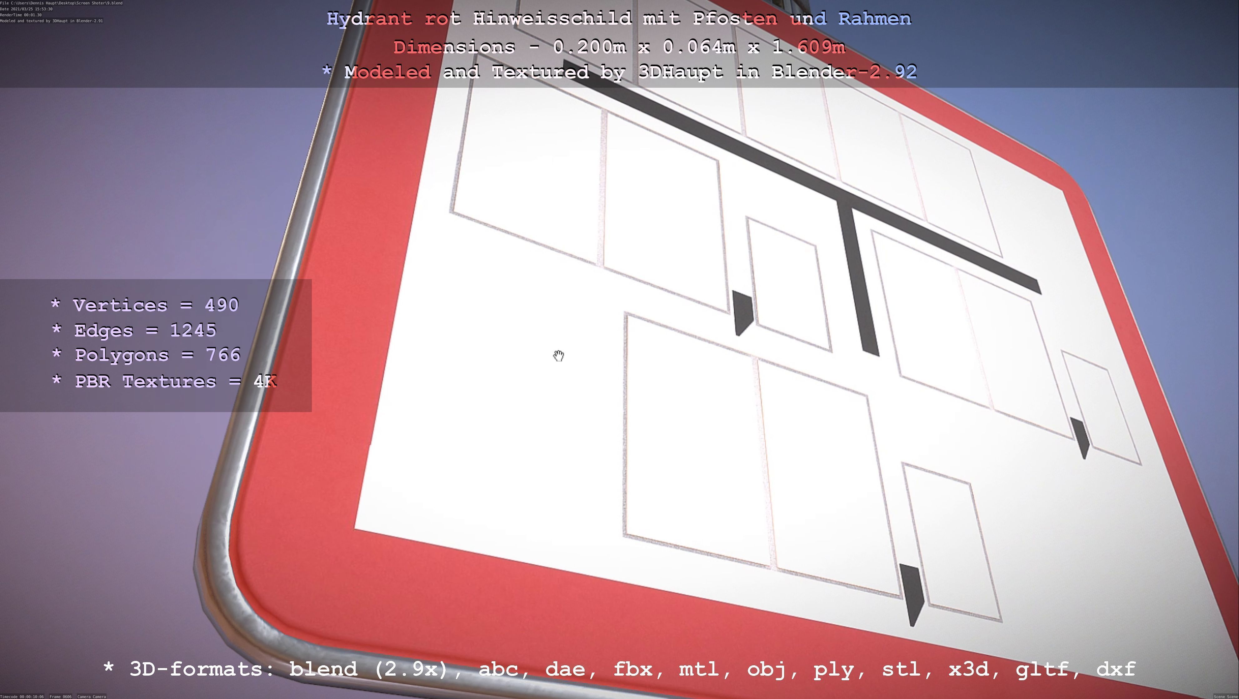 Hinweisschild Hydrant Rot mit Pfosten und Rahmen Low-poly 3D model_127