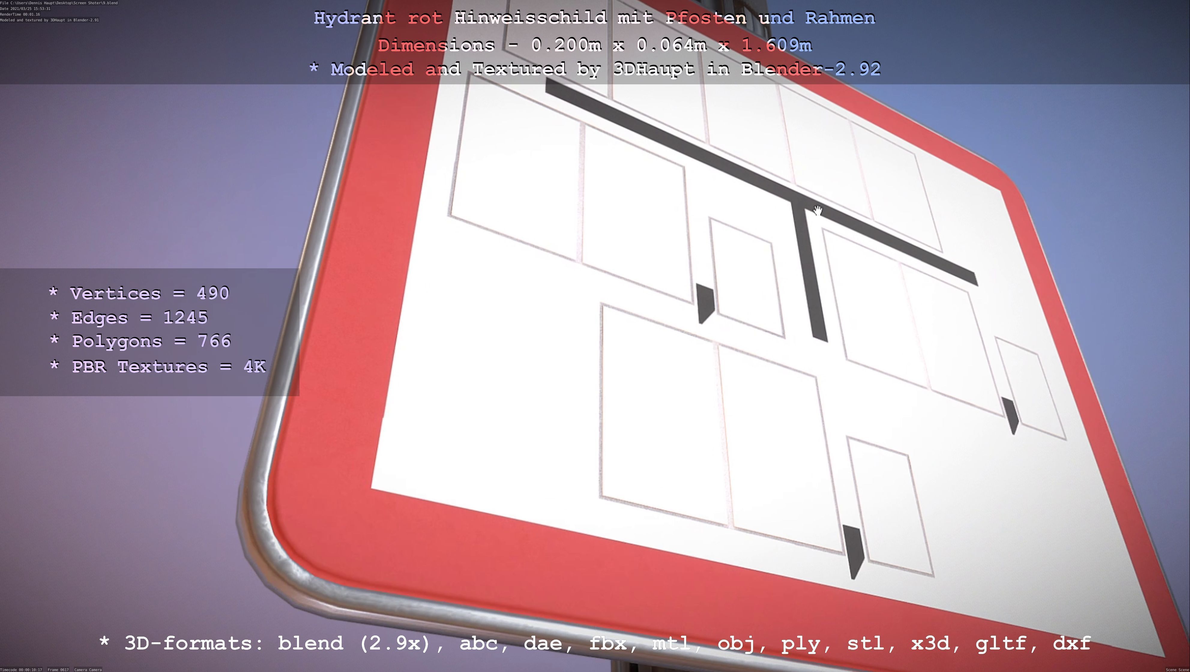 Hinweisschild Hydrant Rot mit Pfosten und Rahmen Low-poly 3D model_126