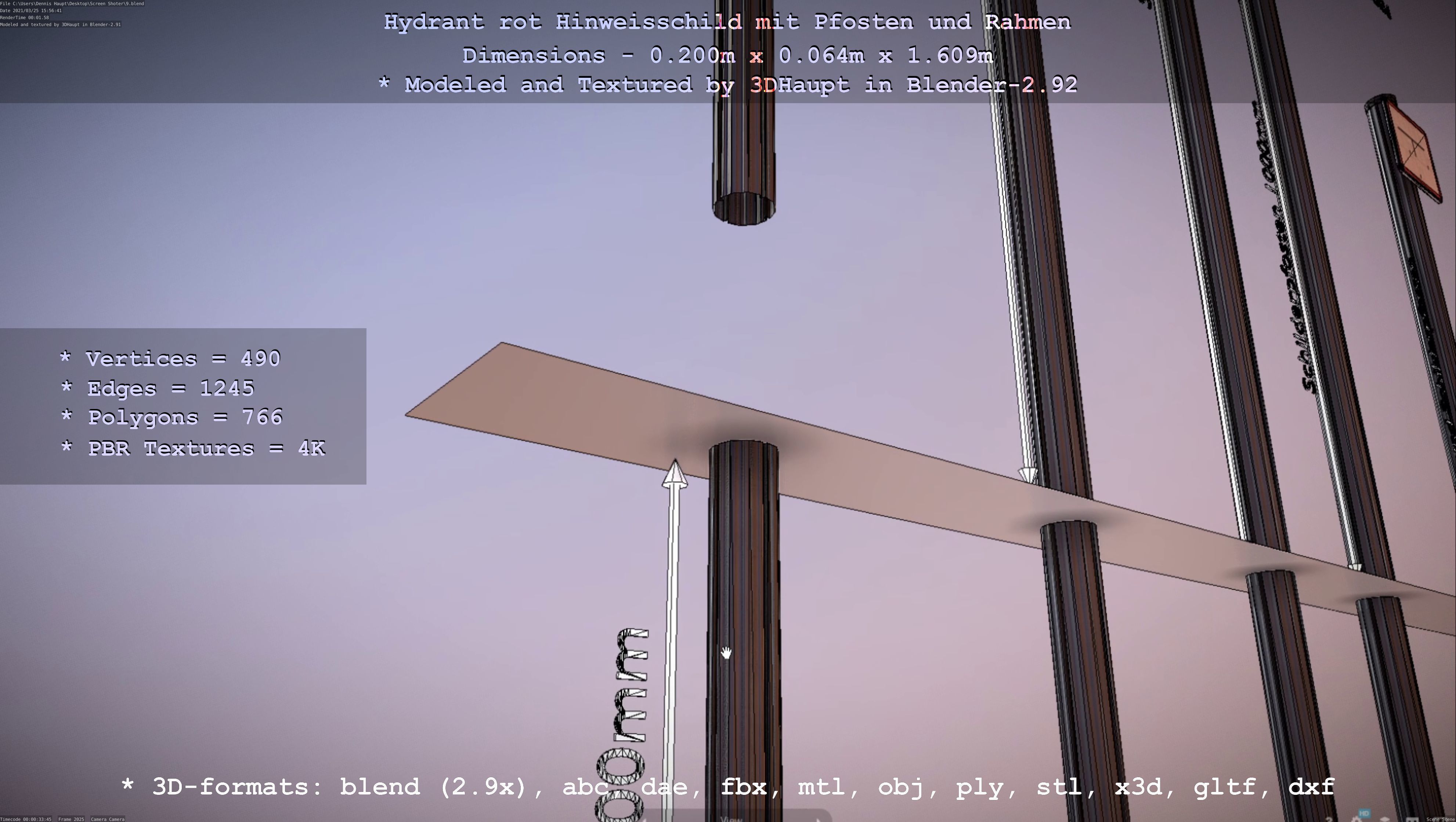 Hinweisschild Hydrant Rot mit Pfosten und Rahmen Low-poly 3D model_47