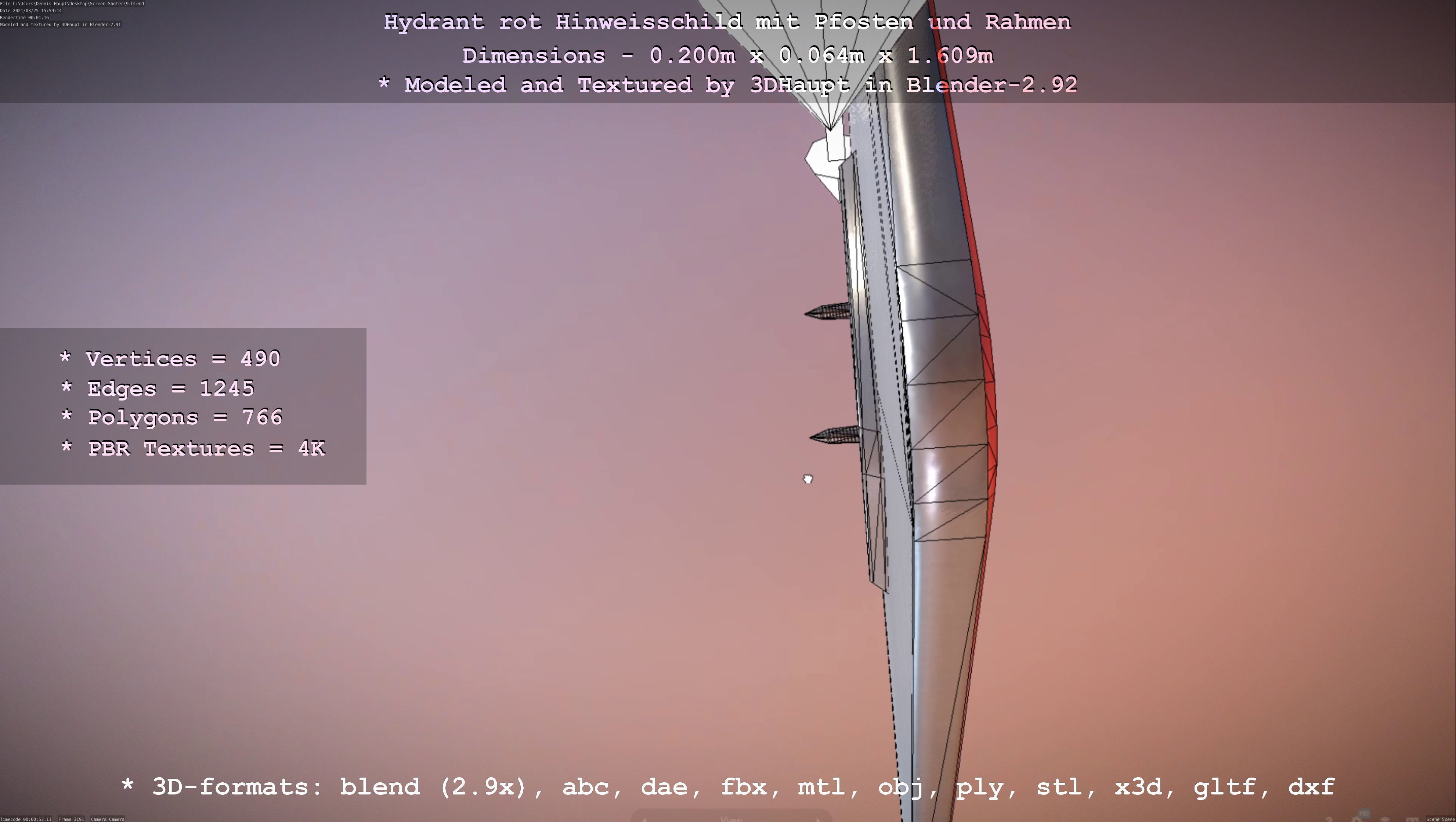 Hinweisschild Hydrant Rot mit Pfosten und Rahmen Low-poly 3D model_119