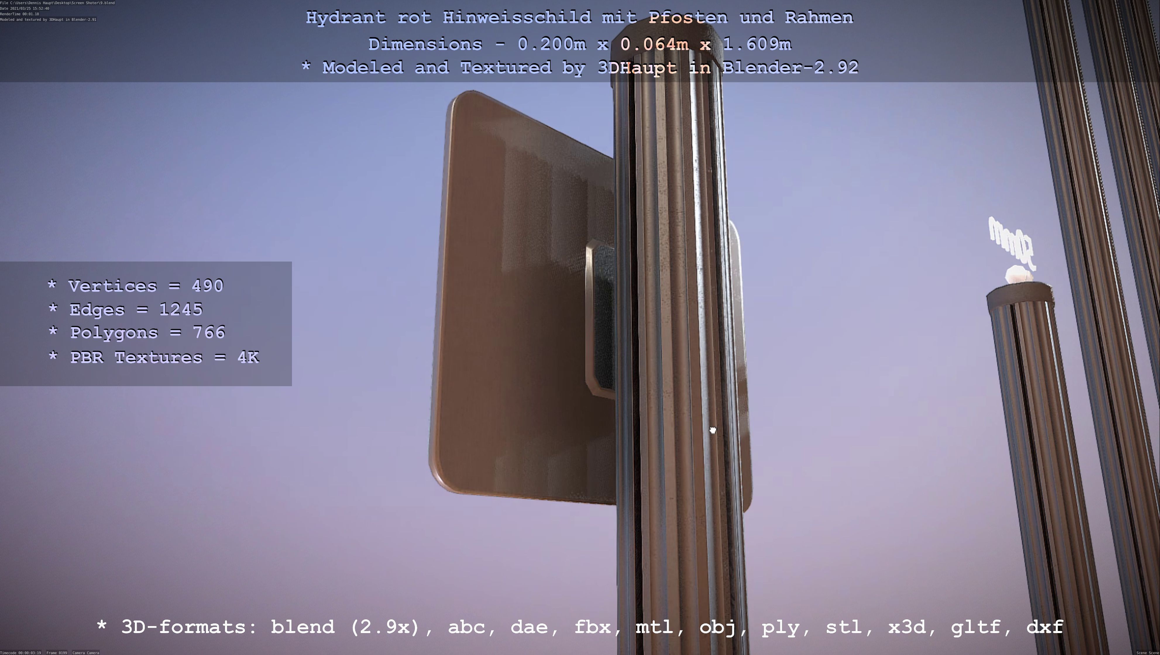 Hinweisschild Hydrant Rot mit Pfosten und Rahmen Low-poly 3D model_124