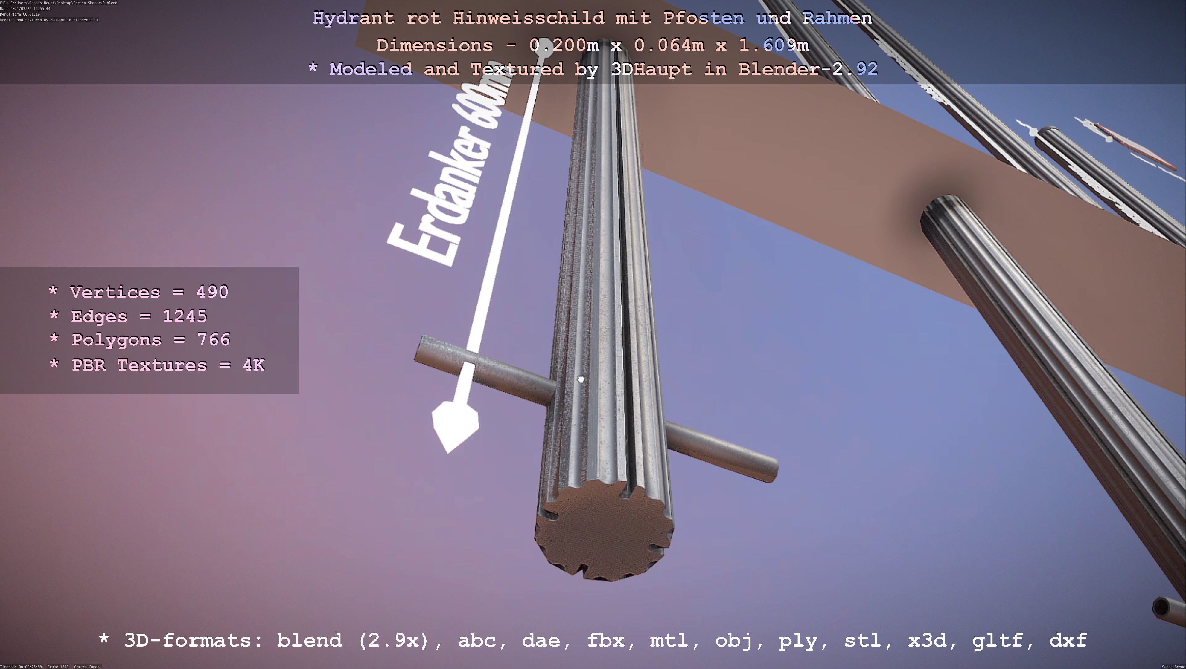 Hinweisschild Hydrant Rot mit Pfosten und Rahmen Low-poly 3D model_38