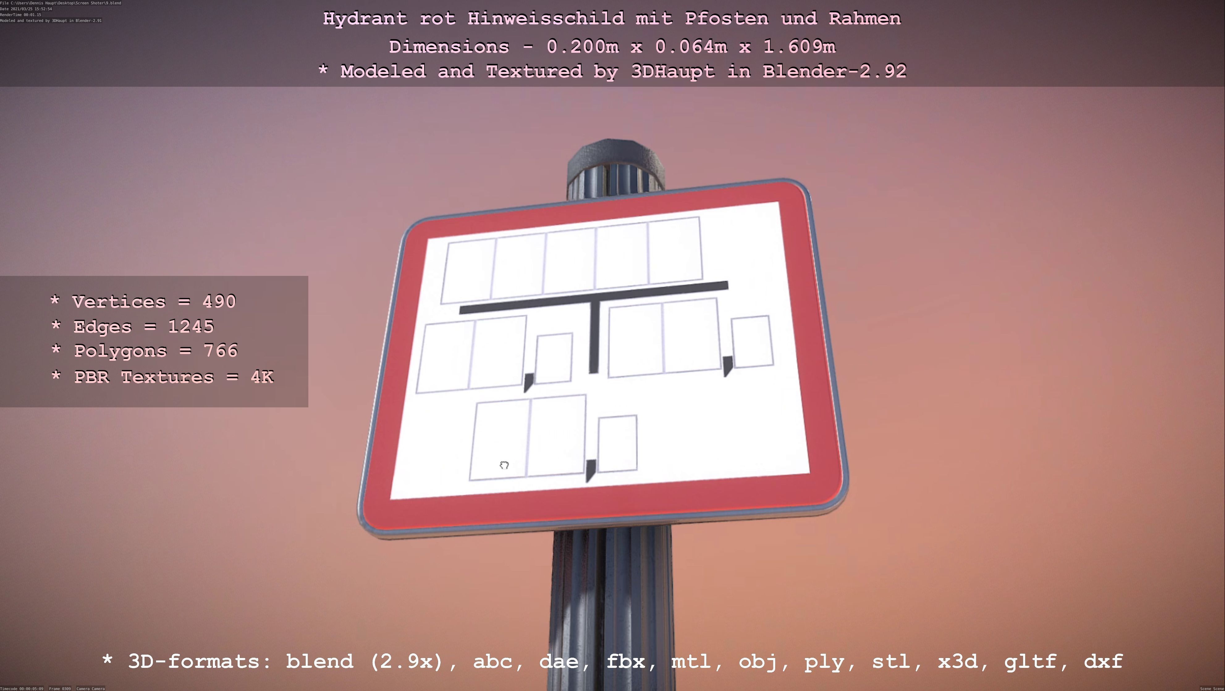 Hinweisschild Hydrant Rot mit Pfosten und Rahmen Low-poly 3D model_28