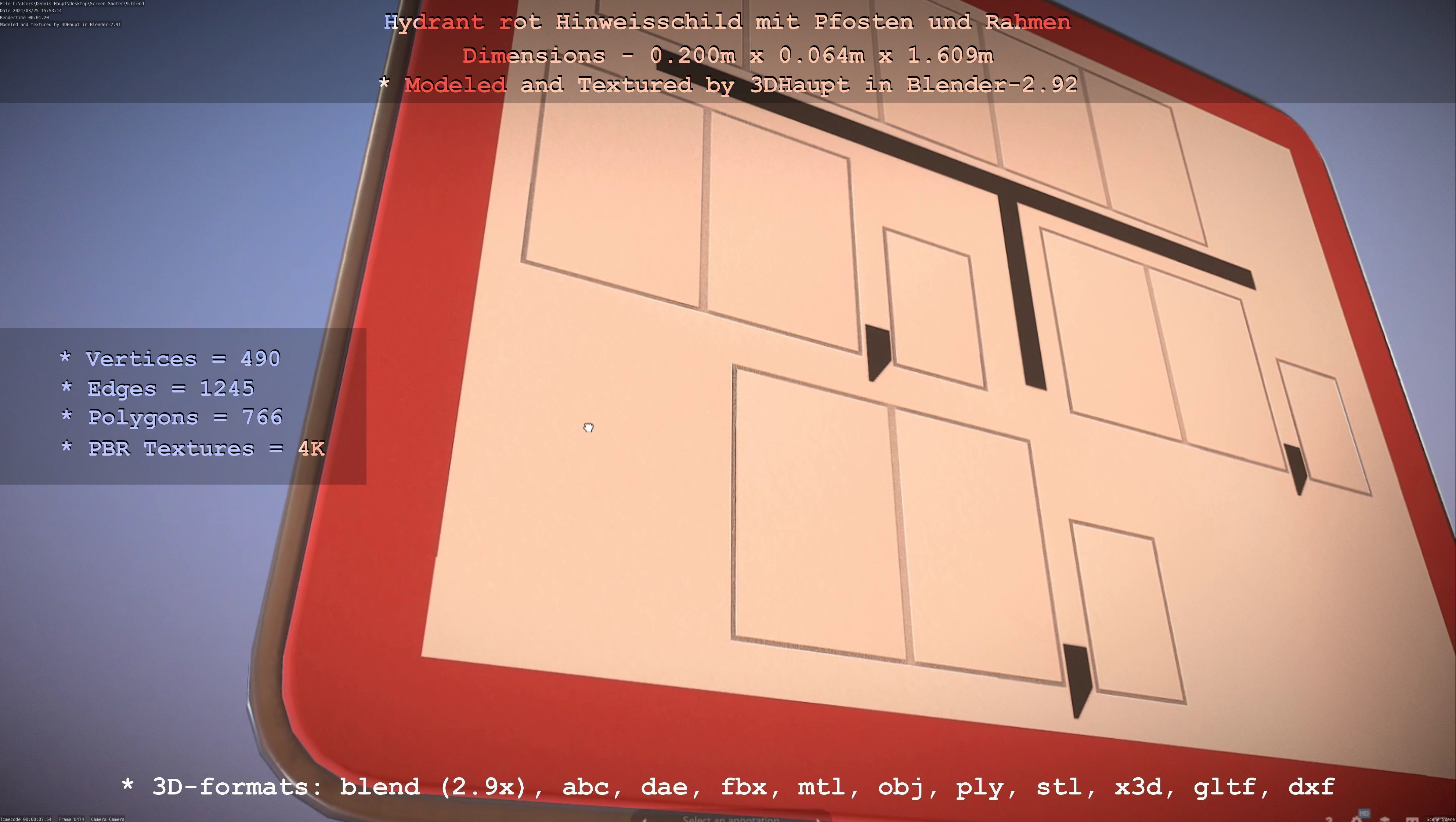 Hinweisschild Hydrant Rot mit Pfosten und Rahmen Low-poly 3D model_97