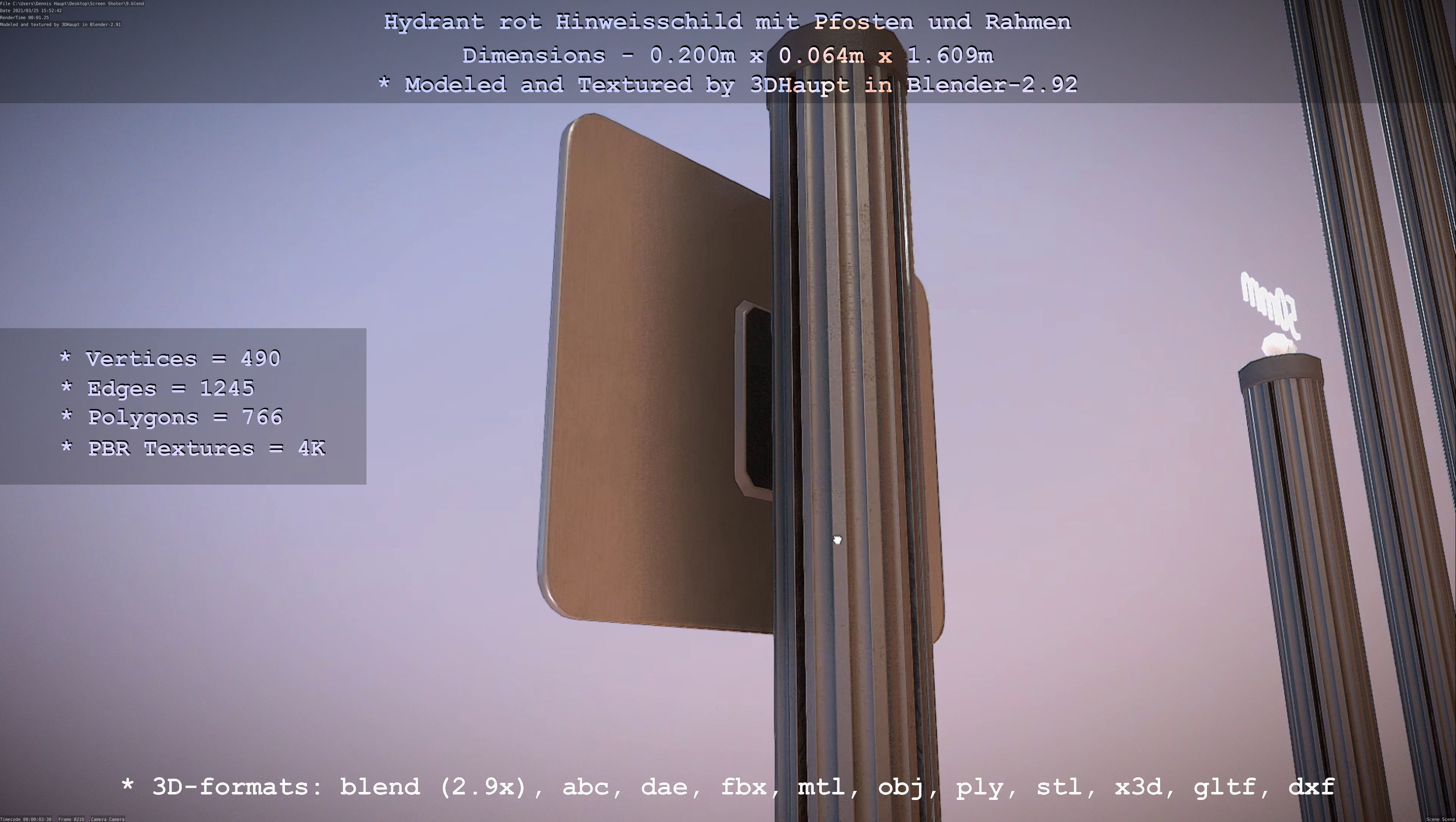 Hinweisschild Hydrant Rot mit Pfosten und Rahmen Low-poly 3D model_96