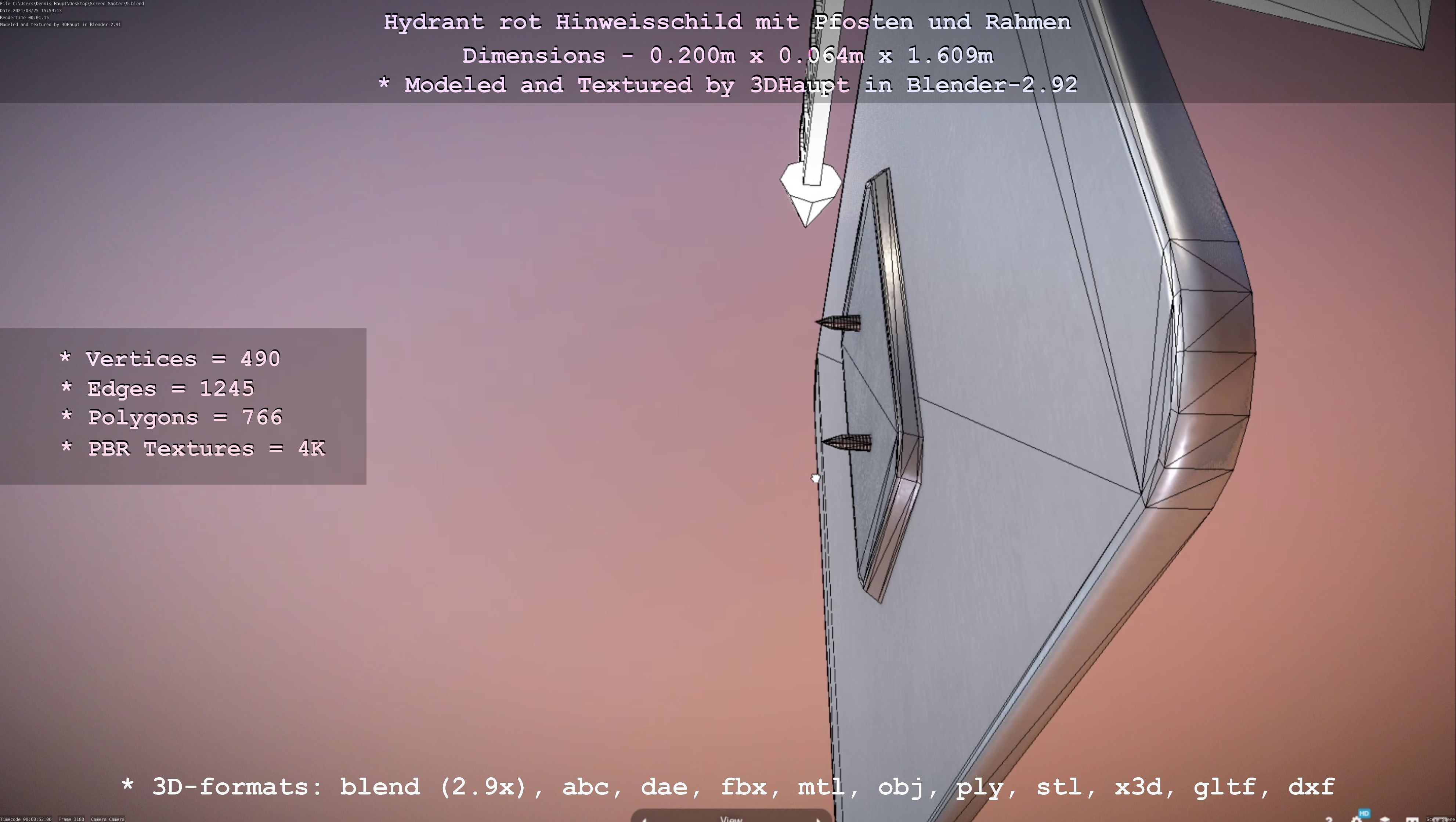 Hinweisschild Hydrant Rot mit Pfosten und Rahmen Low-poly 3D model_112