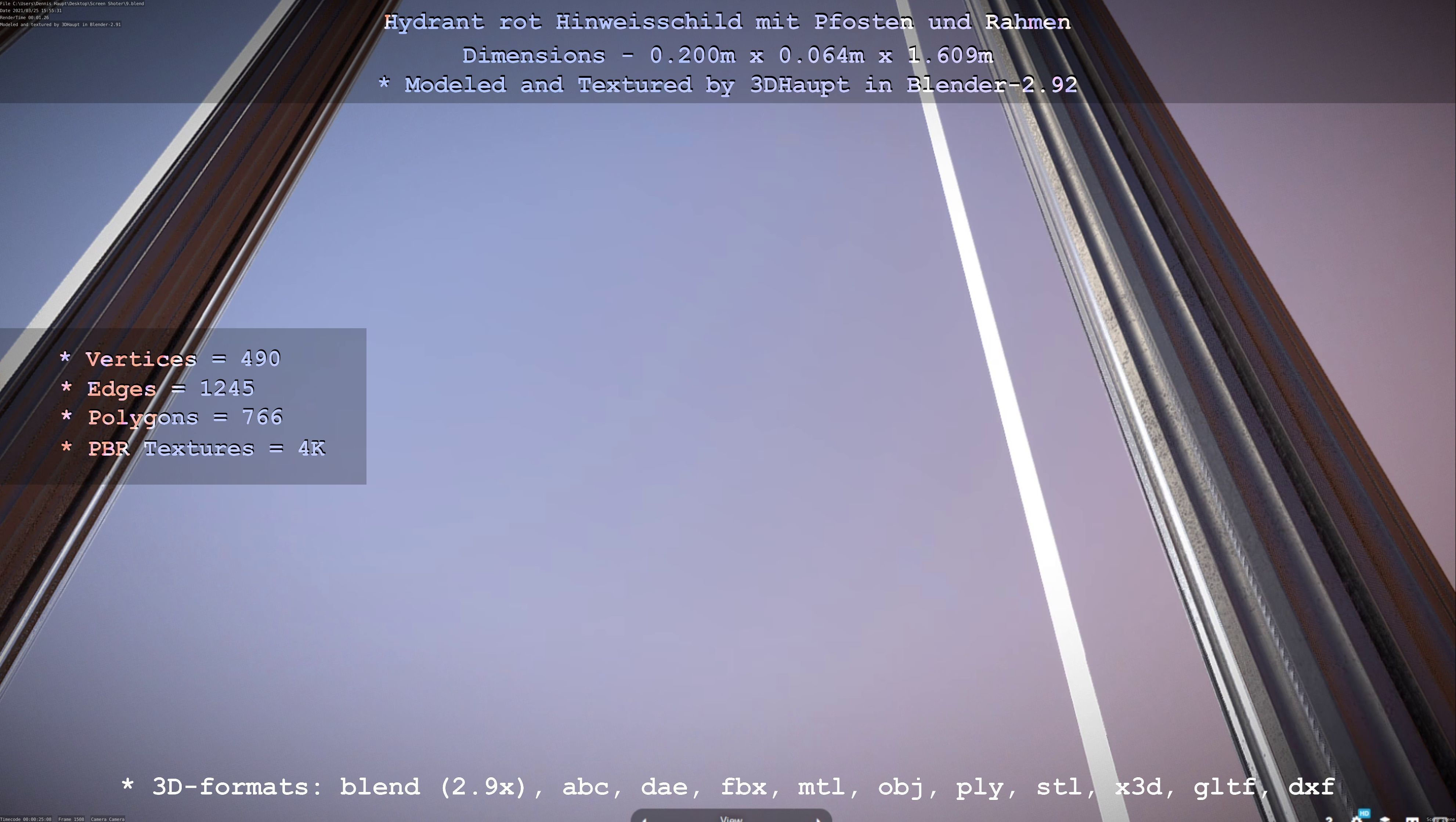 Hinweisschild Hydrant Rot mit Pfosten und Rahmen Low-poly 3D model_4