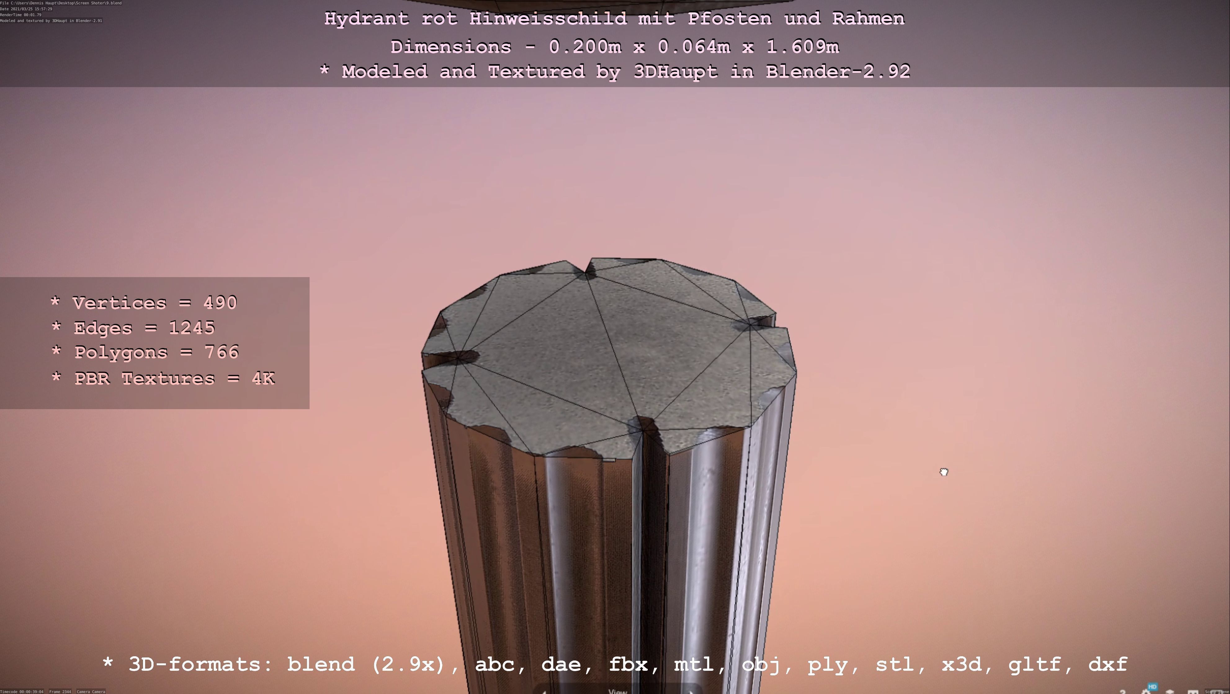 Hinweisschild Hydrant Rot mit Pfosten und Rahmen Low-poly 3D model_63