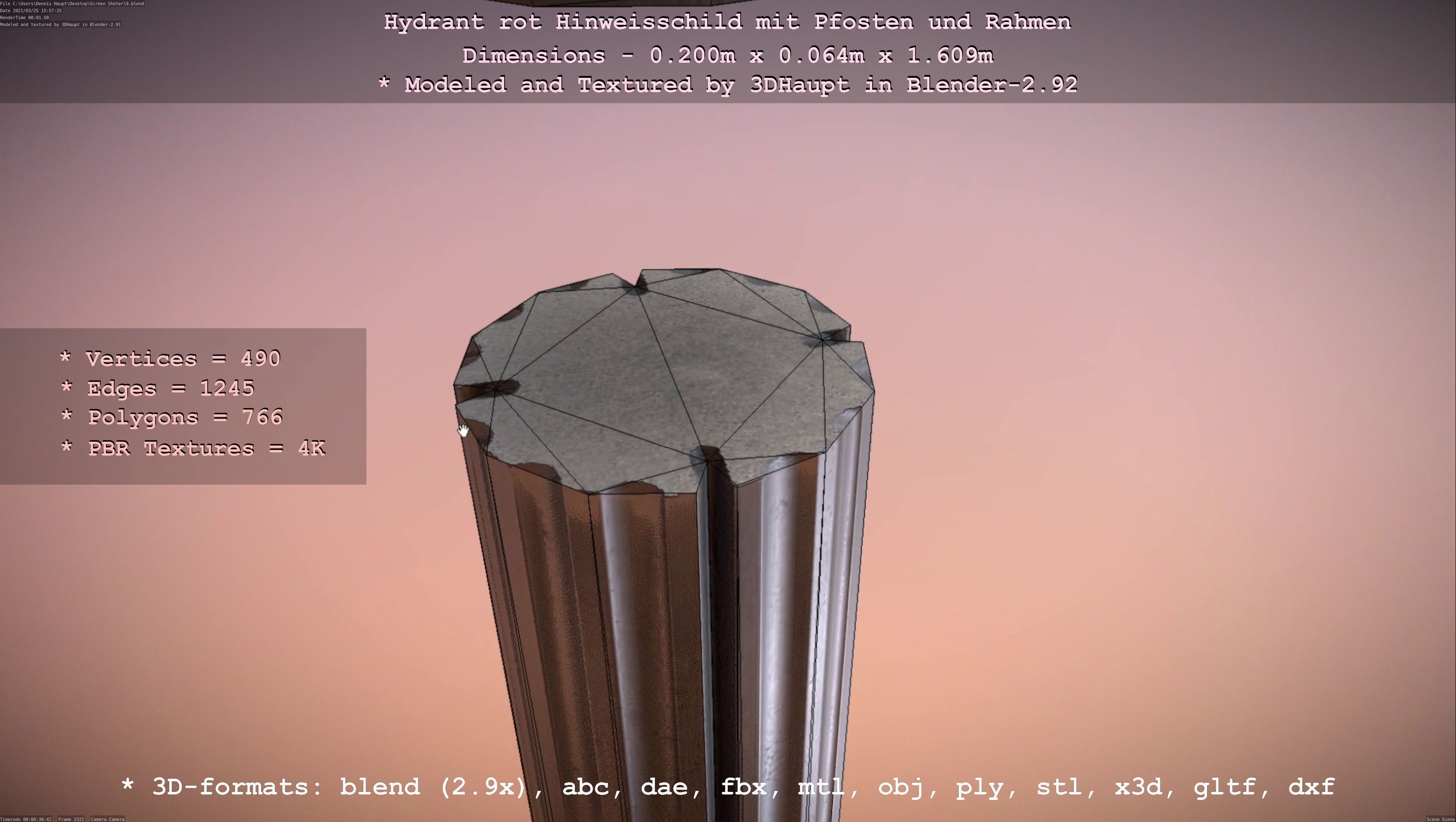 Hinweisschild Hydrant Rot mit Pfosten und Rahmen Low-poly 3D model_65