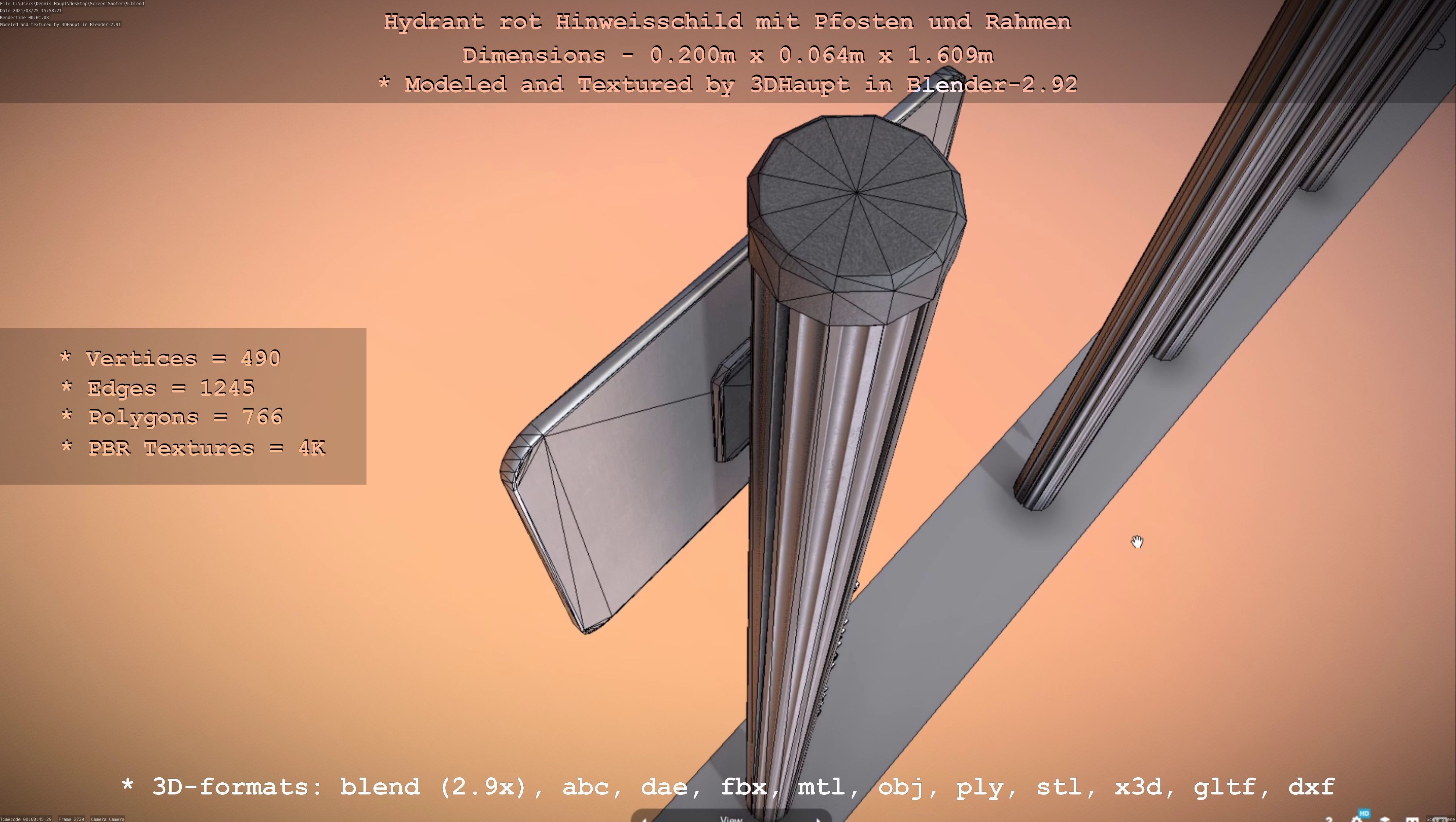 Hinweisschild Hydrant Rot mit Pfosten und Rahmen Low-poly 3D model_75