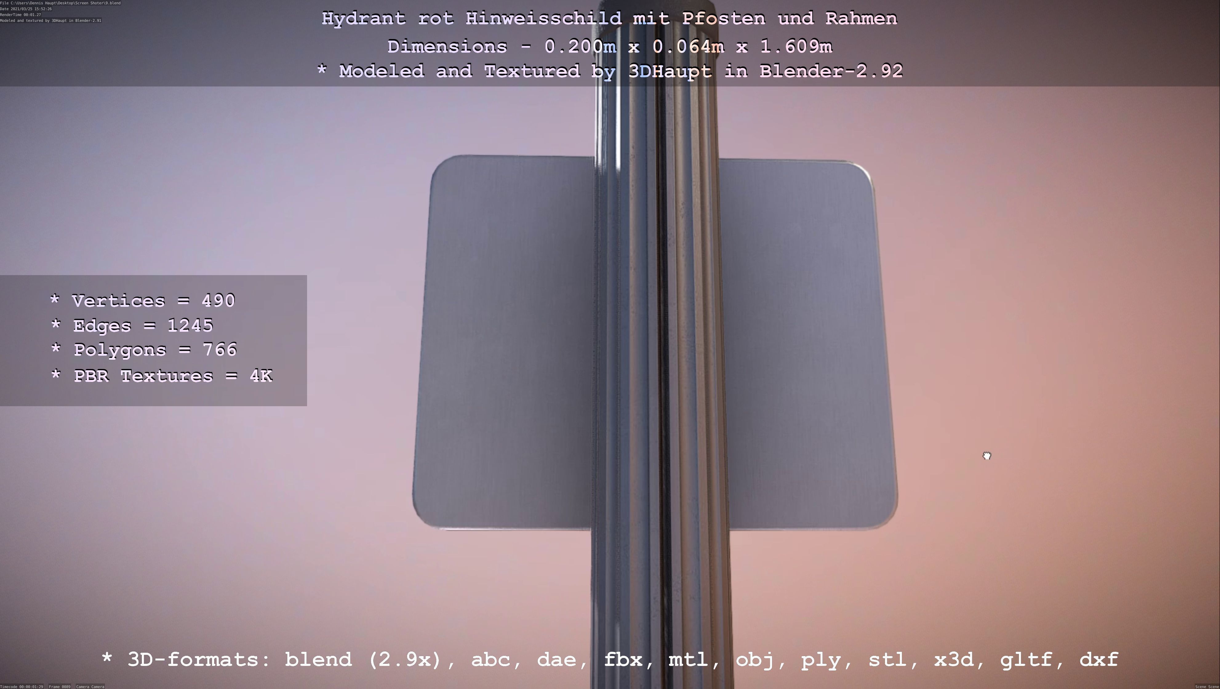 Hinweisschild Hydrant Rot mit Pfosten und Rahmen Low-poly 3D model_23