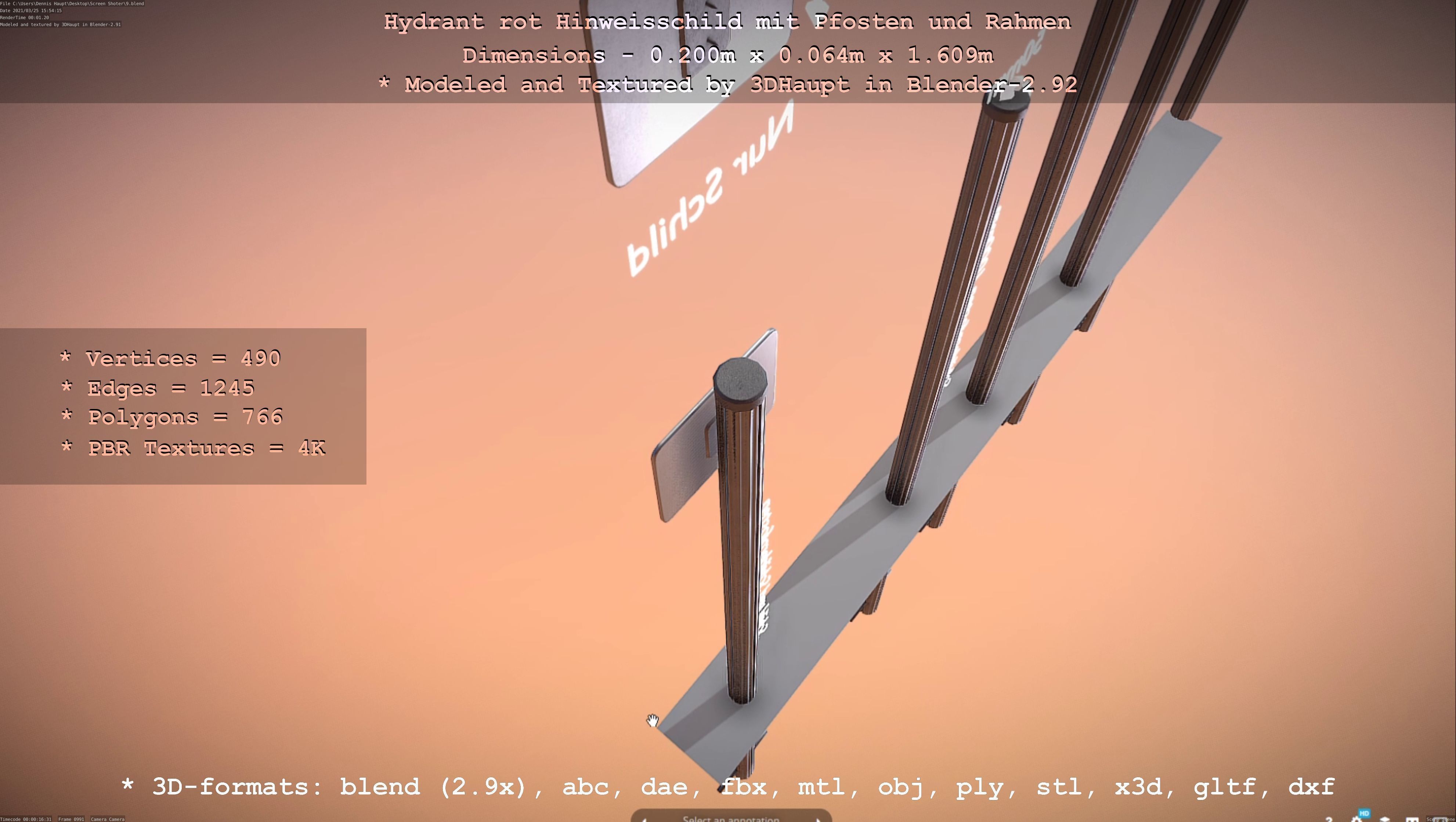 Hinweisschild Hydrant Rot mit Pfosten und Rahmen Low-poly 3D model_110