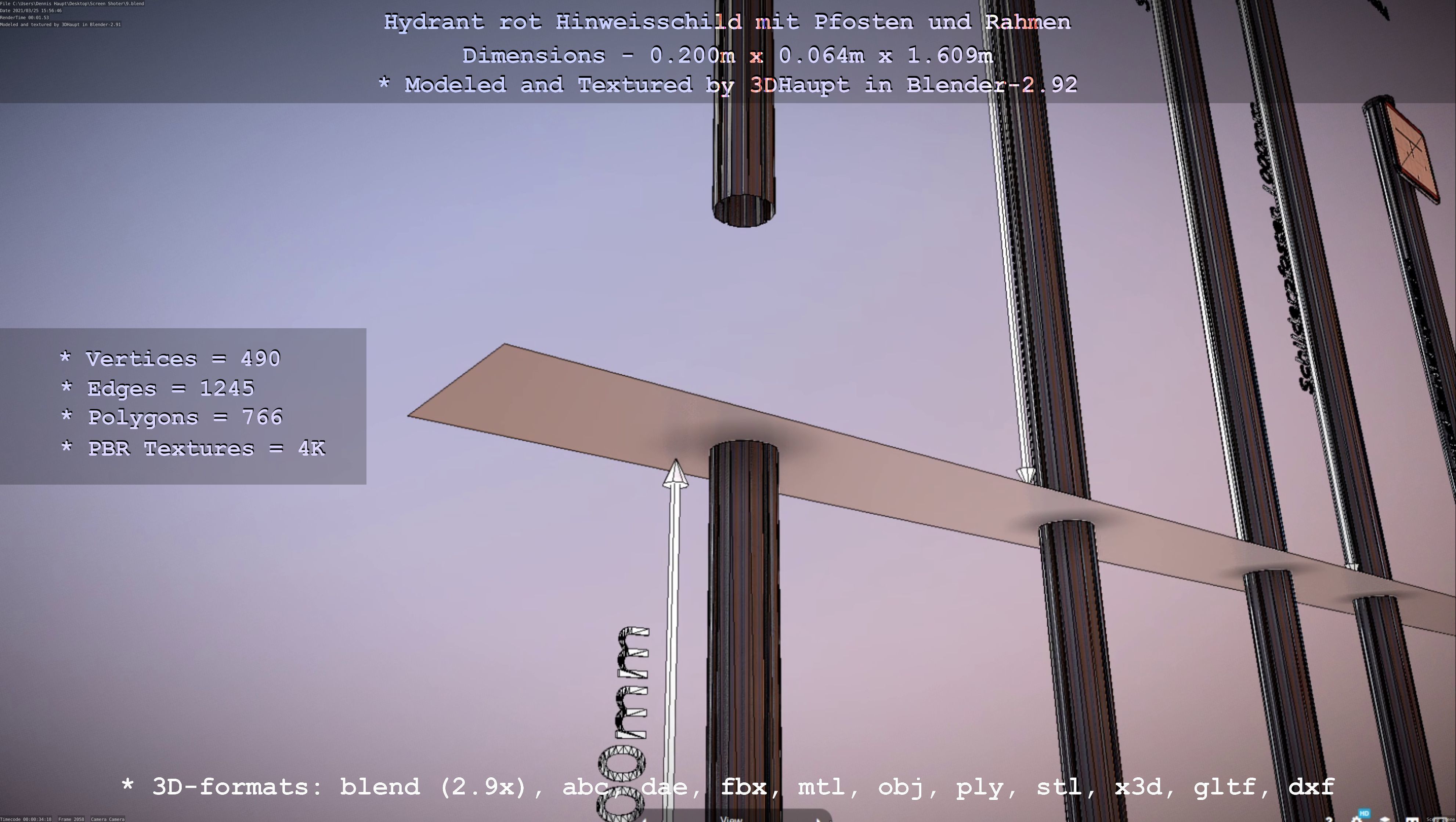 Hinweisschild Hydrant Rot mit Pfosten und Rahmen Low-poly 3D model_56