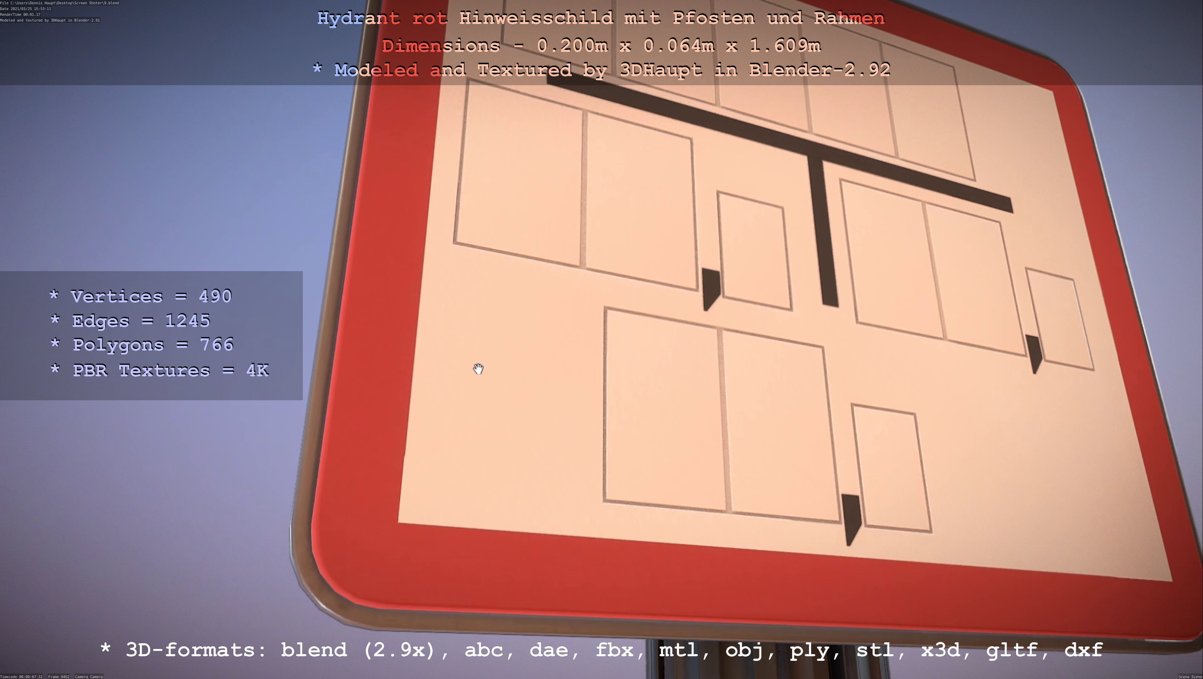 Hinweisschild Hydrant Rot mit Pfosten und Rahmen Low-poly 3D model_30
