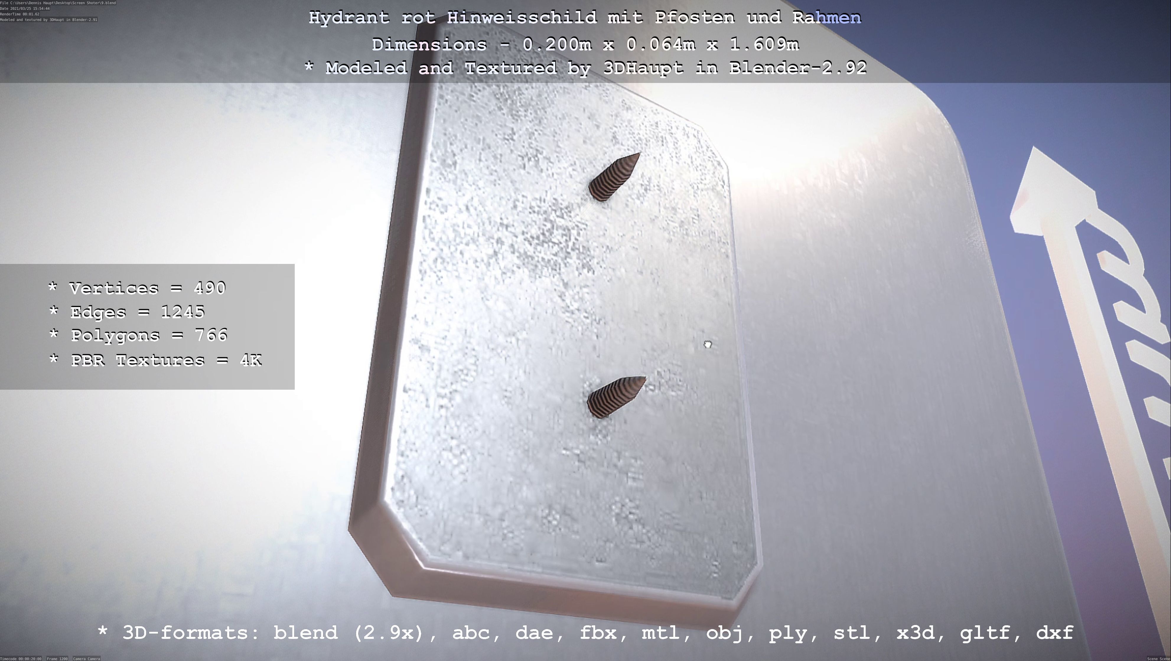 Hinweisschild Hydrant Rot mit Pfosten und Rahmen Low-poly 3D model_113