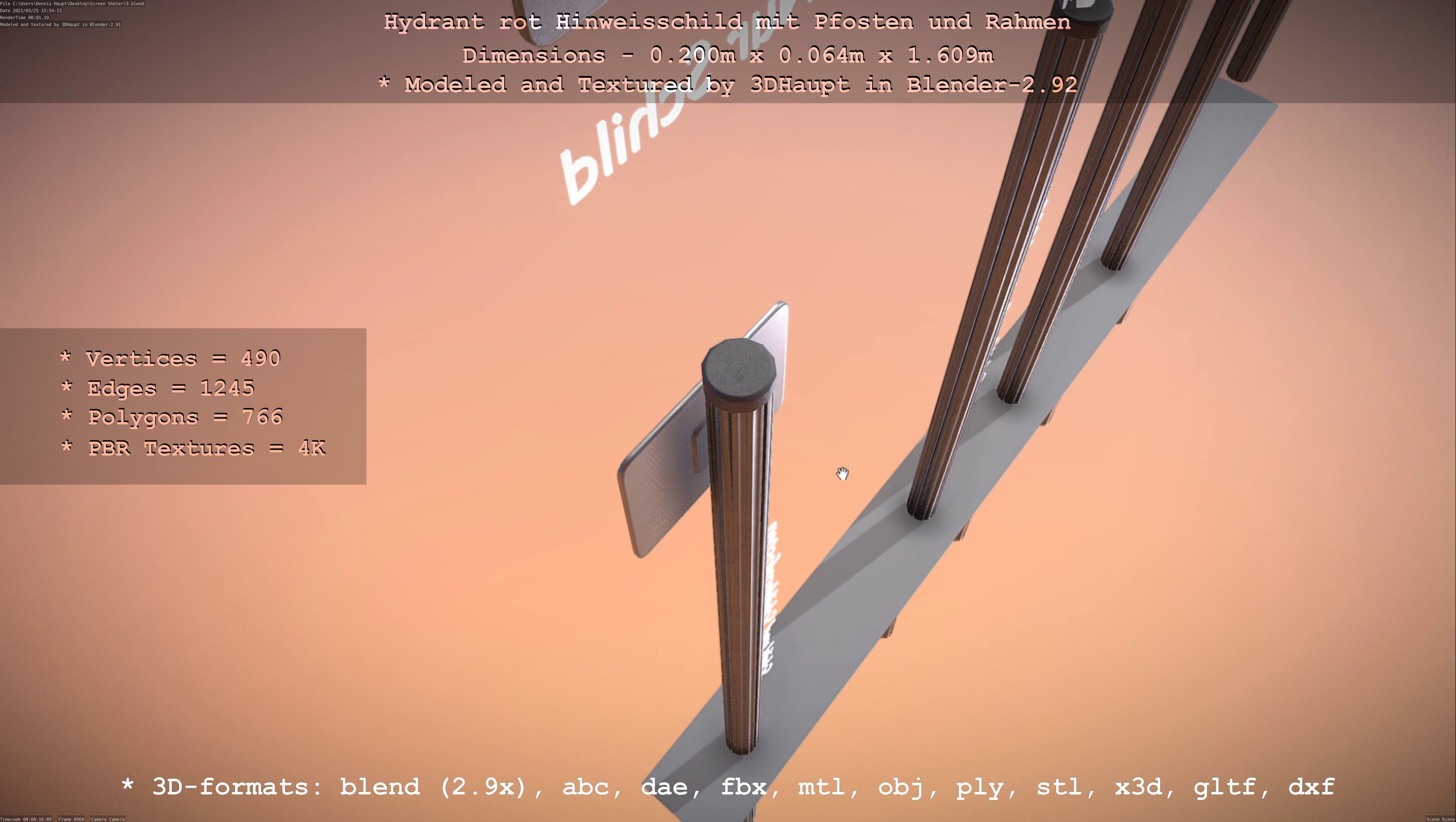 Hinweisschild Hydrant Rot mit Pfosten und Rahmen Low-poly 3D model_100