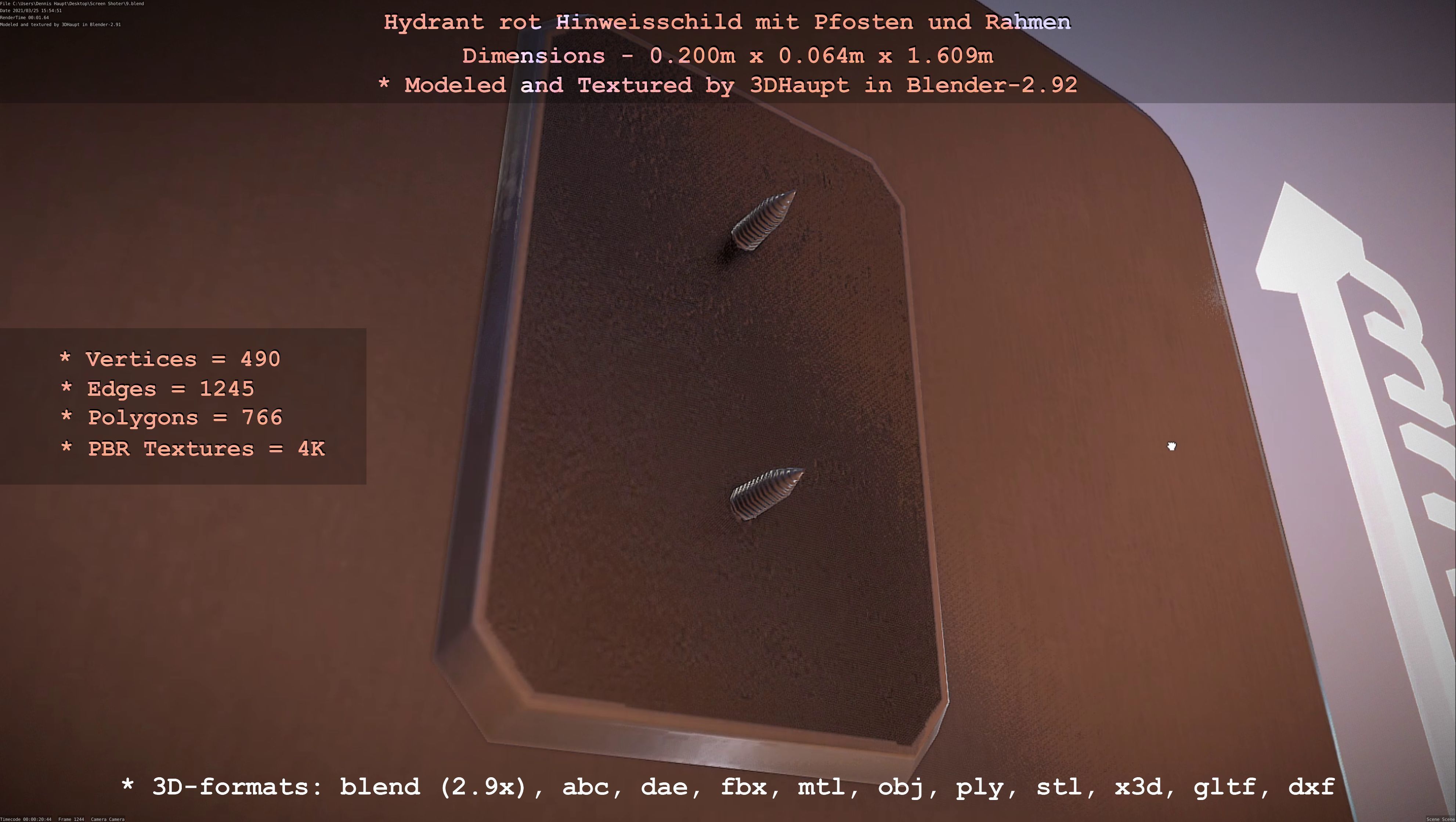 Hinweisschild Hydrant Rot mit Pfosten und Rahmen Low-poly 3D model_34