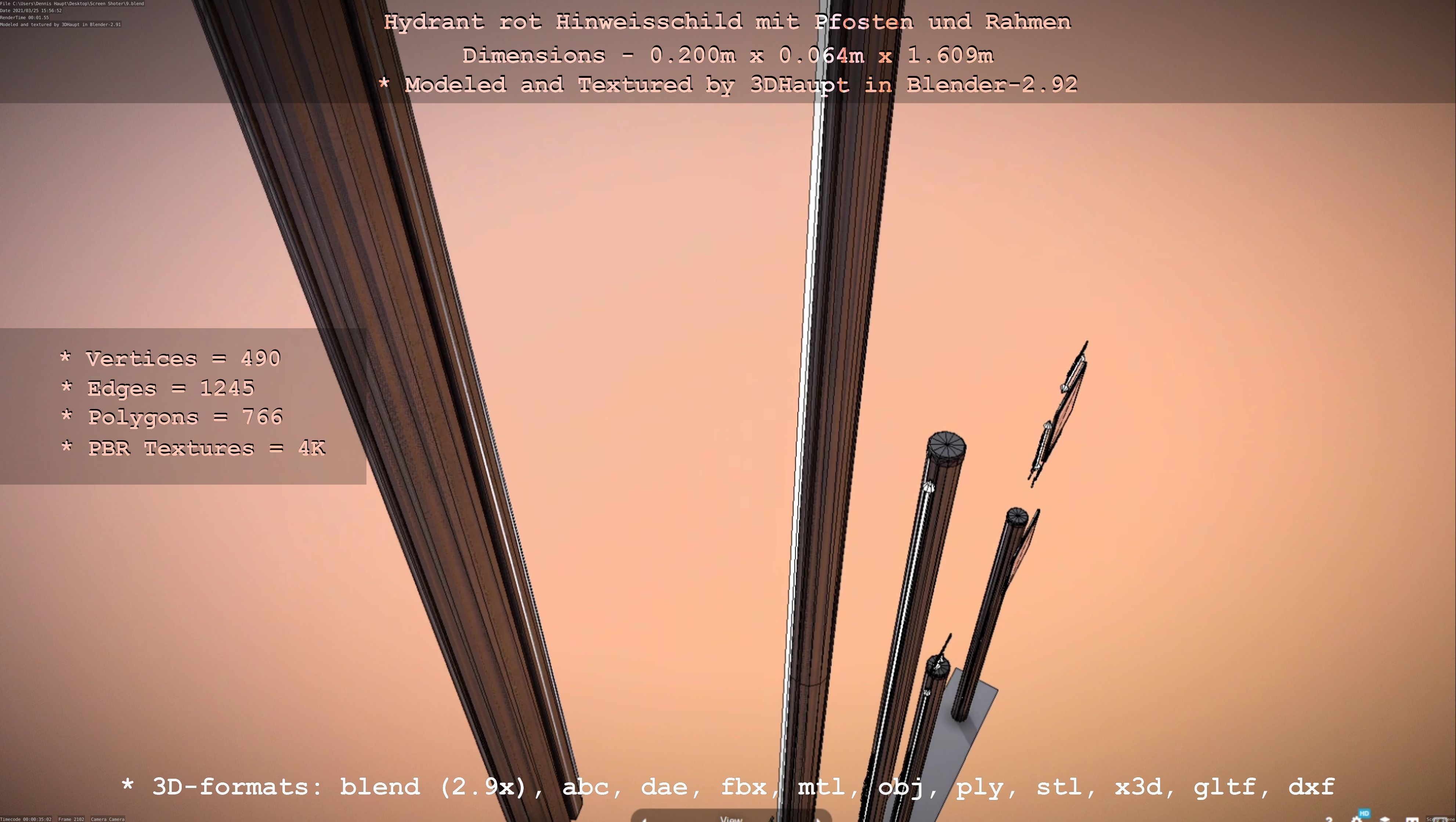 Hinweisschild Hydrant Rot mit Pfosten und Rahmen Low-poly 3D model_59