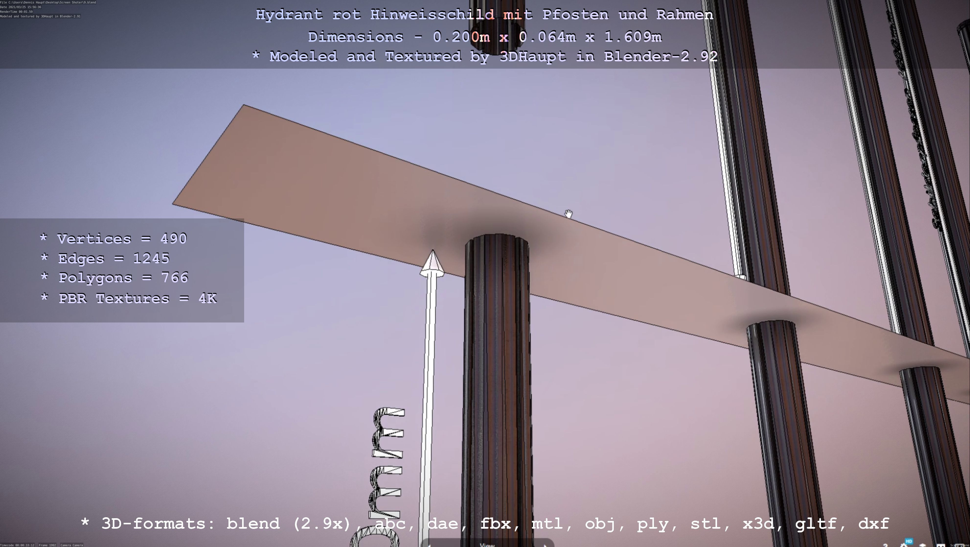 Hinweisschild Hydrant Rot mit Pfosten und Rahmen Low-poly 3D model_50