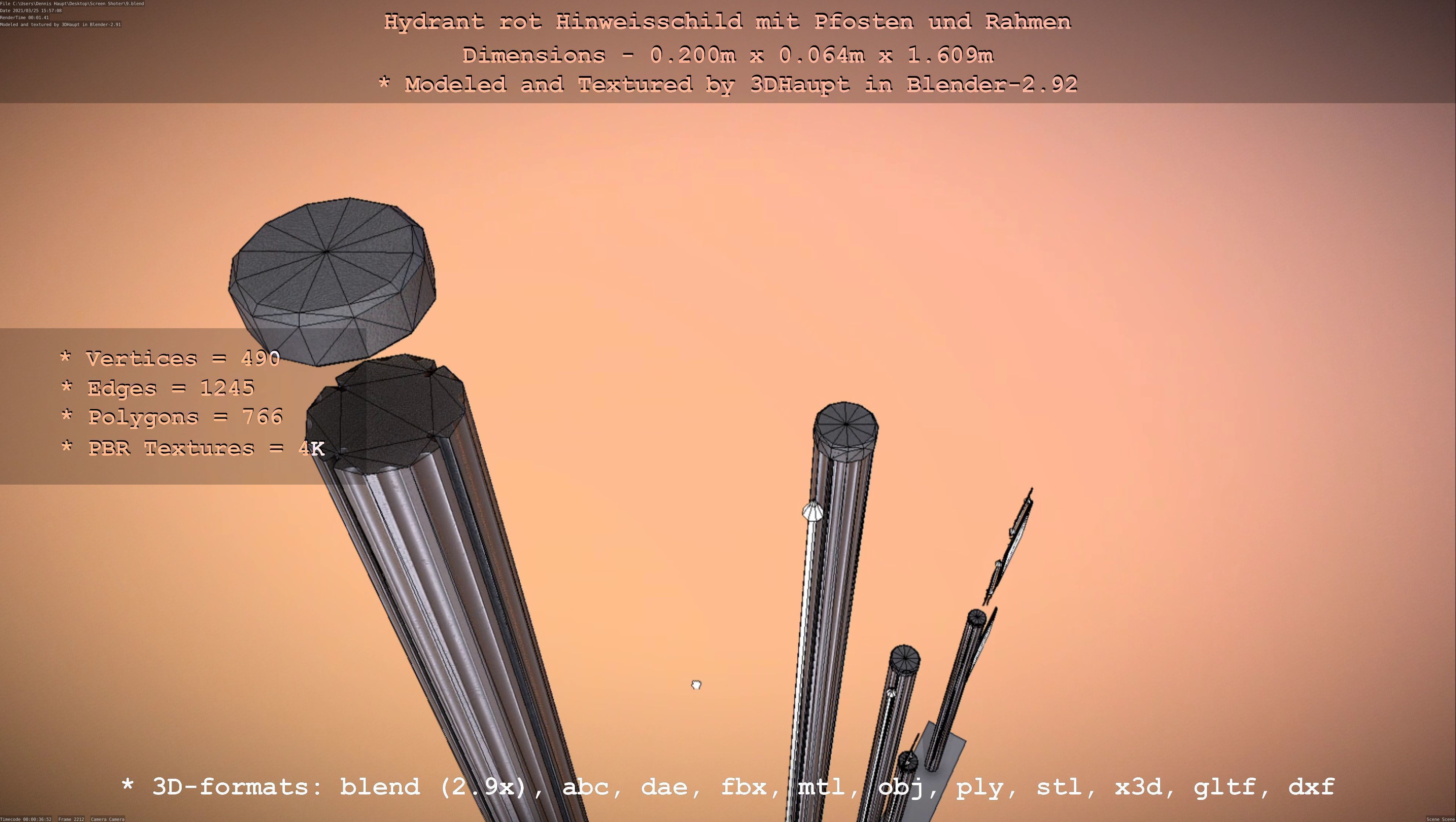 Hinweisschild Hydrant Rot mit Pfosten und Rahmen Low-poly 3D model_57