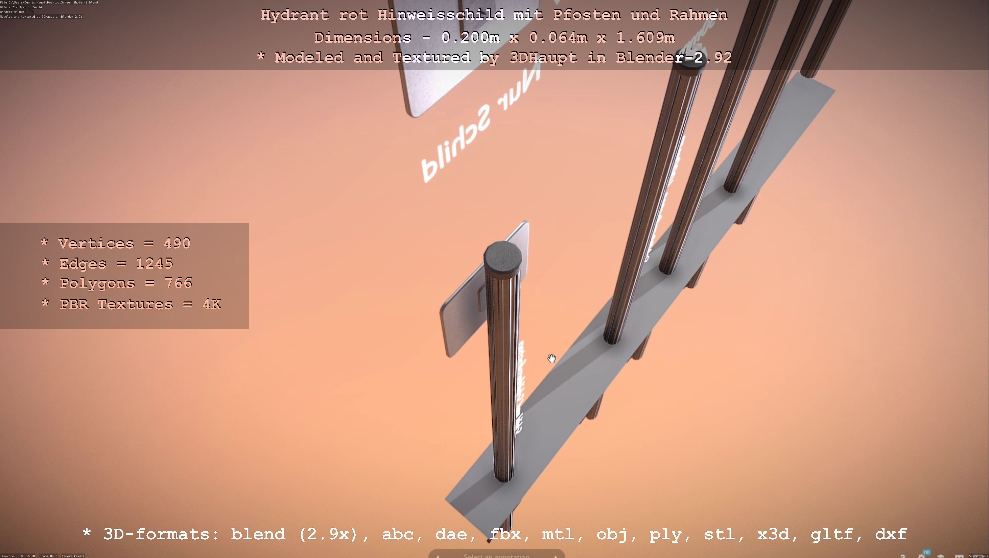 Hinweisschild Hydrant Rot mit Pfosten und Rahmen Low-poly 3D model_88