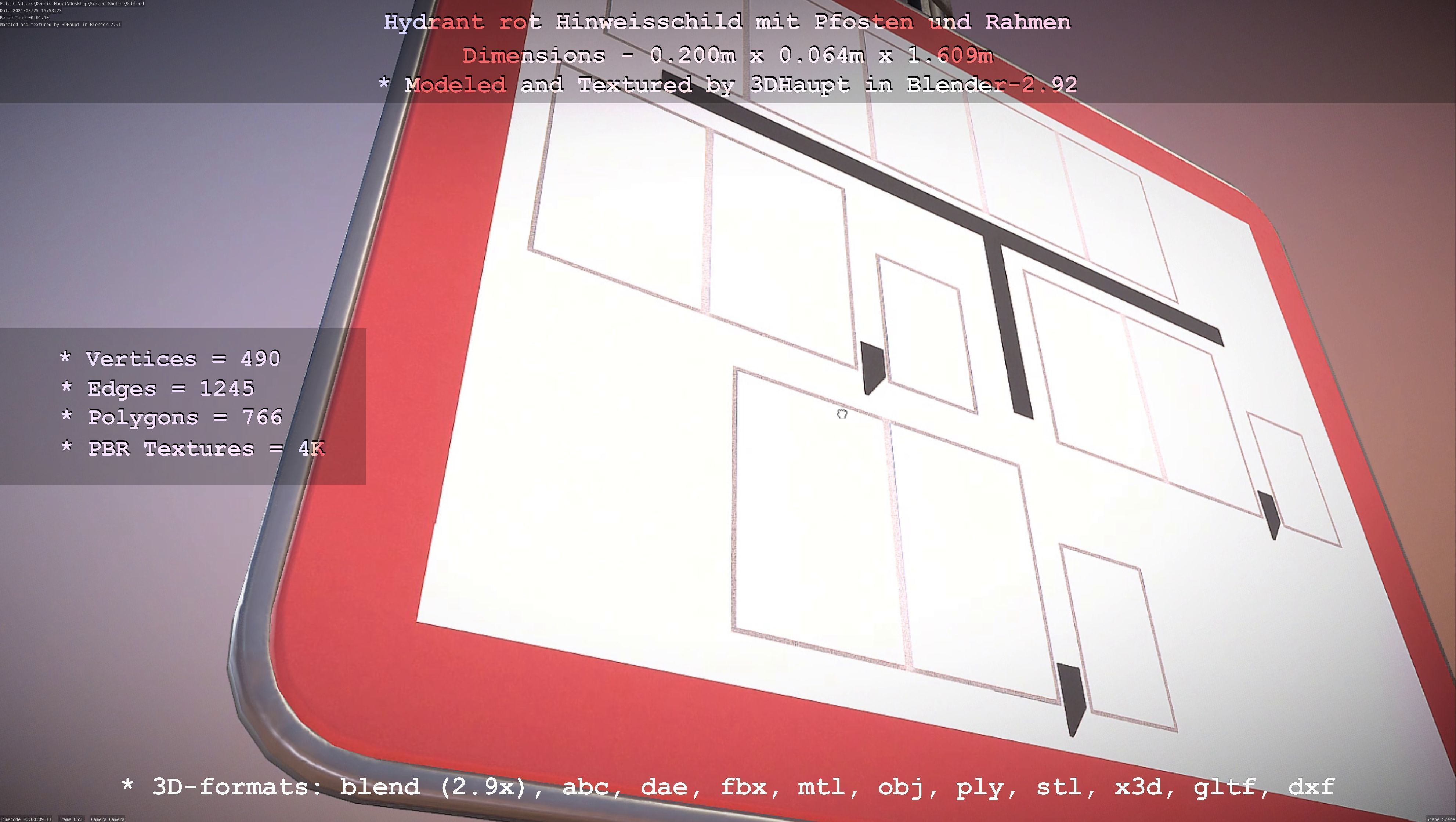 Hinweisschild Hydrant Rot mit Pfosten und Rahmen Low-poly 3D model_135