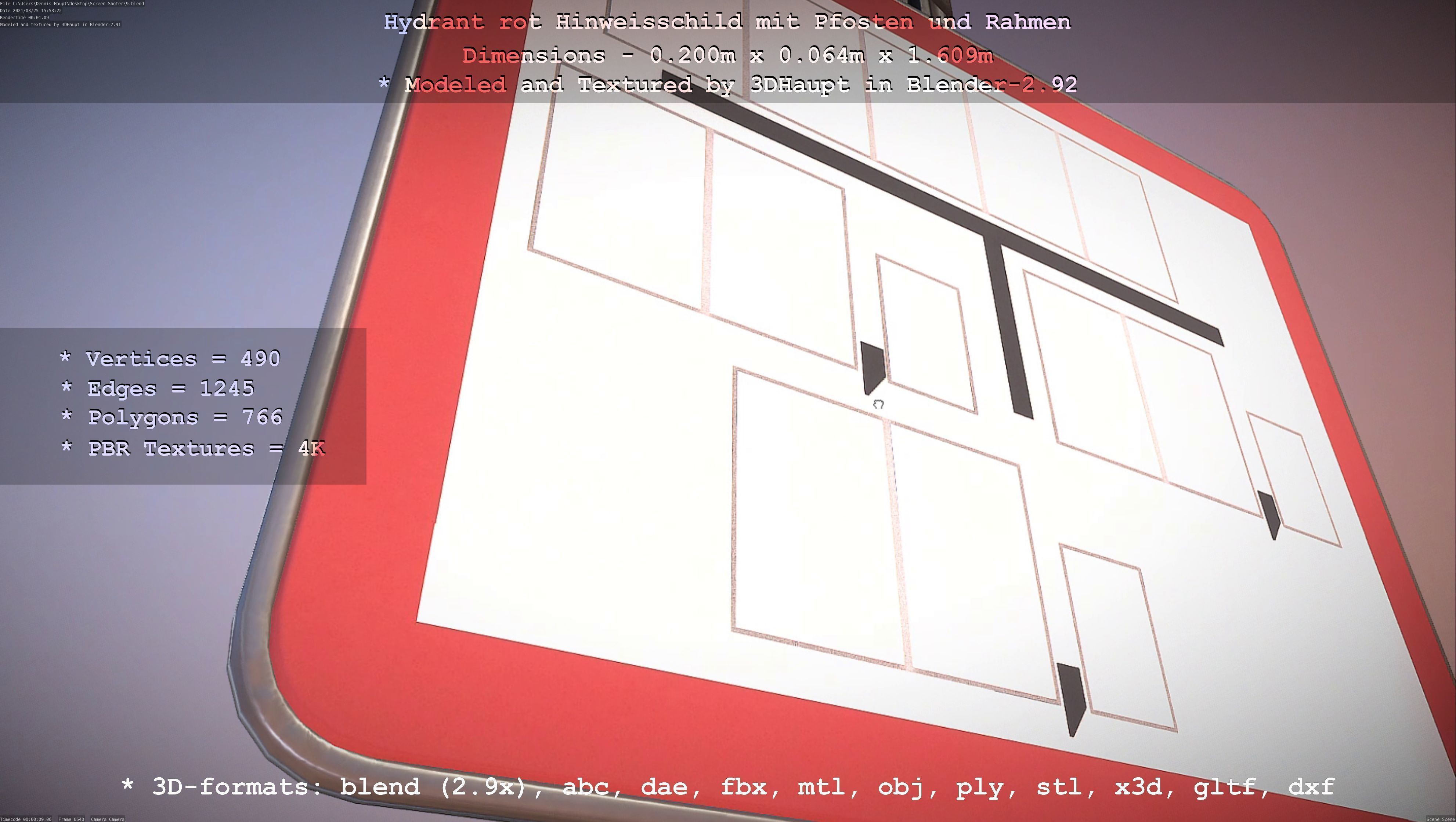 Hinweisschild Hydrant Rot mit Pfosten und Rahmen Low-poly 3D model_84