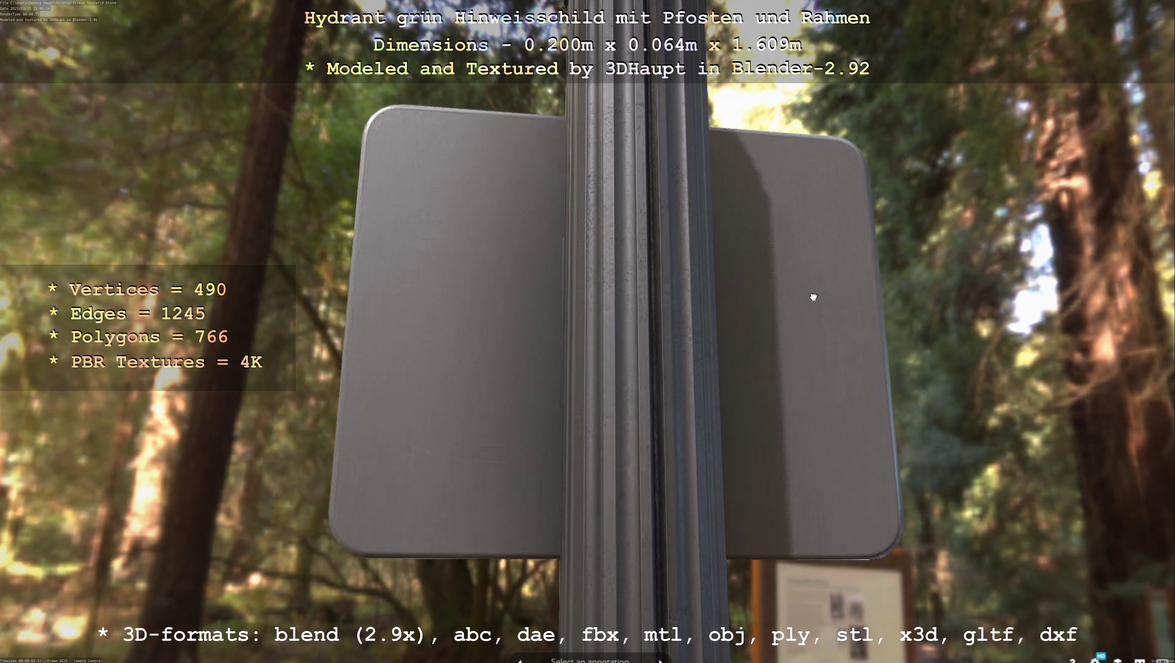 Hinweisschild Hydrant Gruen mit Pfosten und Rahmen Low-poly 3D model_8