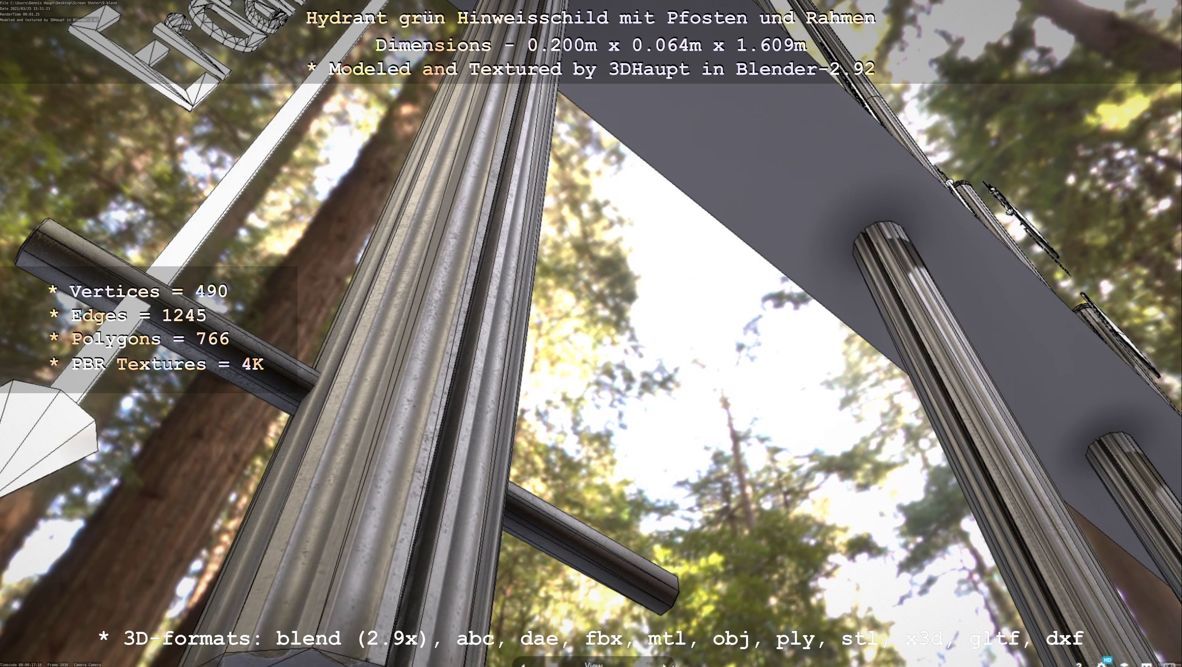 Hinweisschild Hydrant Gruen mit Pfosten und Rahmen Low-poly 3D model_111