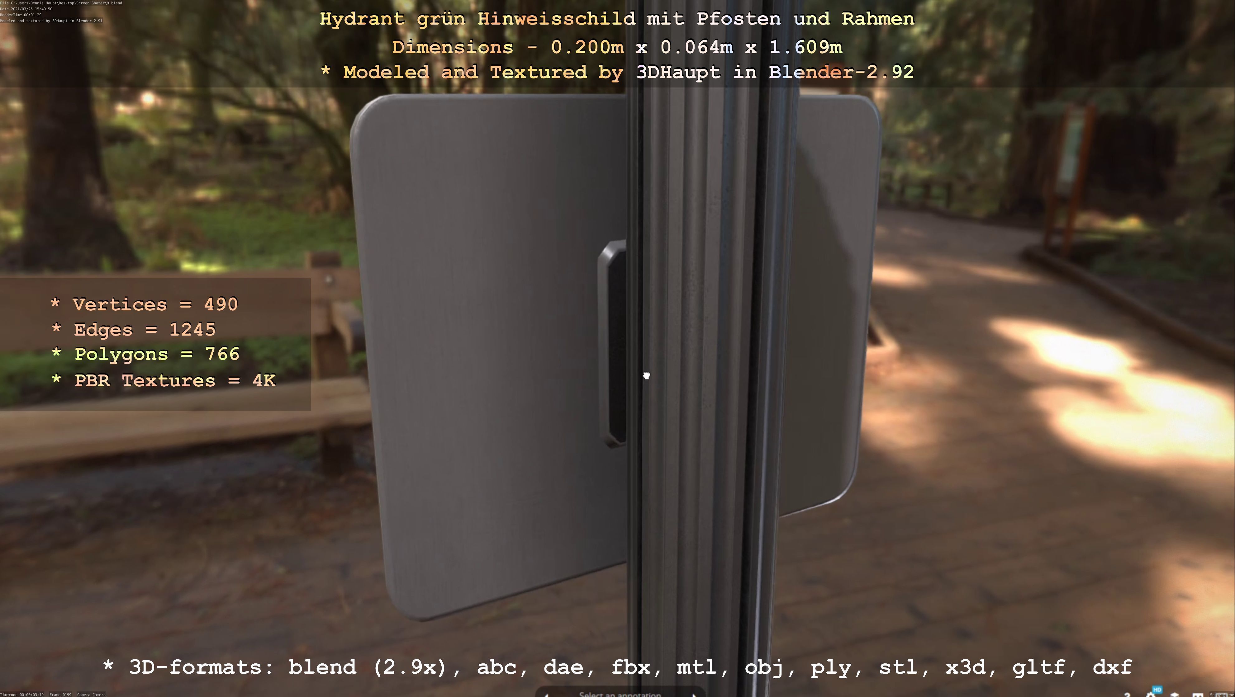 Hinweisschild Hydrant Gruen mit Pfosten und Rahmen Low-poly 3D model_78