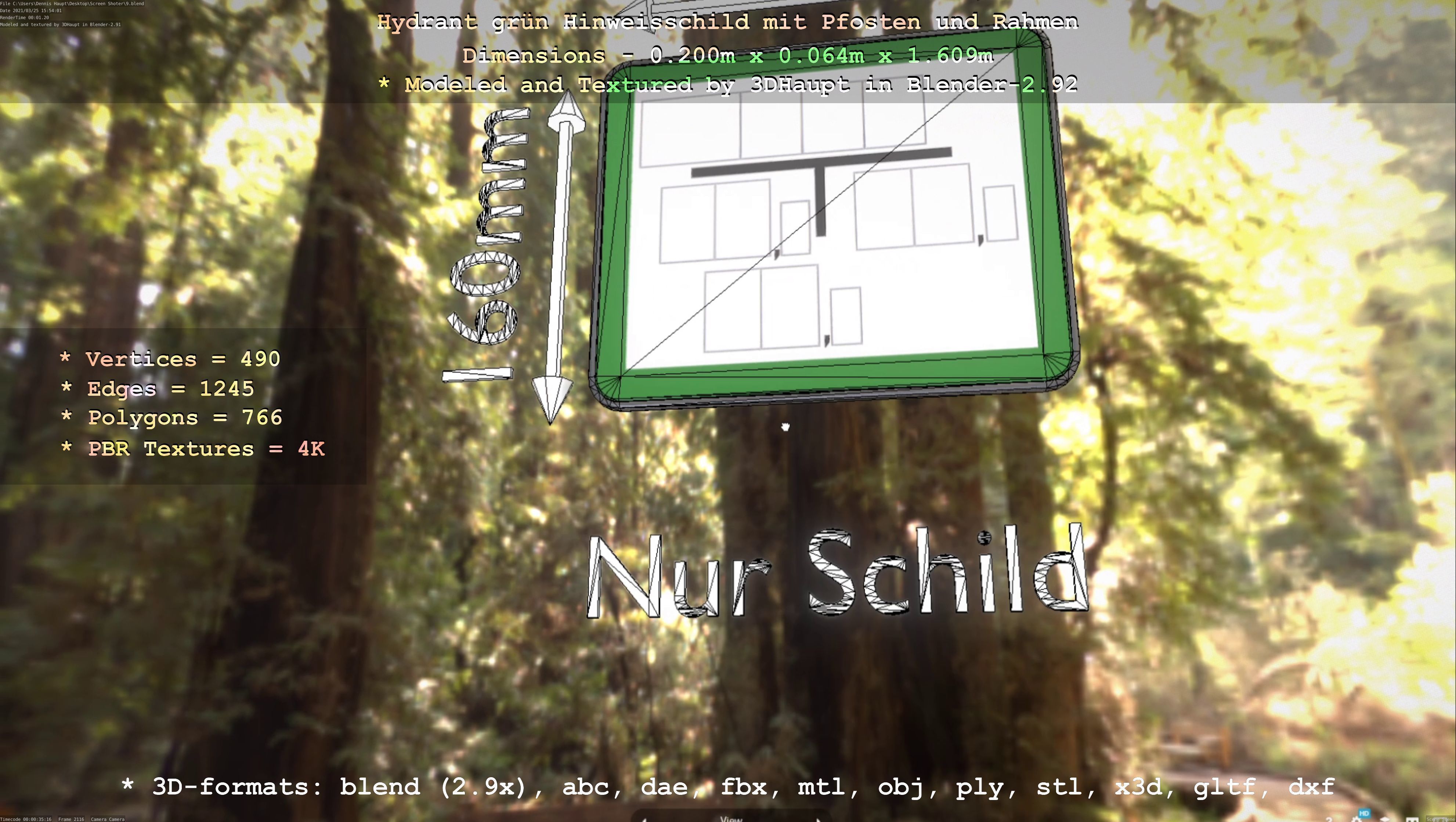 Hinweisschild Hydrant Gruen mit Pfosten und Rahmen Low-poly 3D model_4